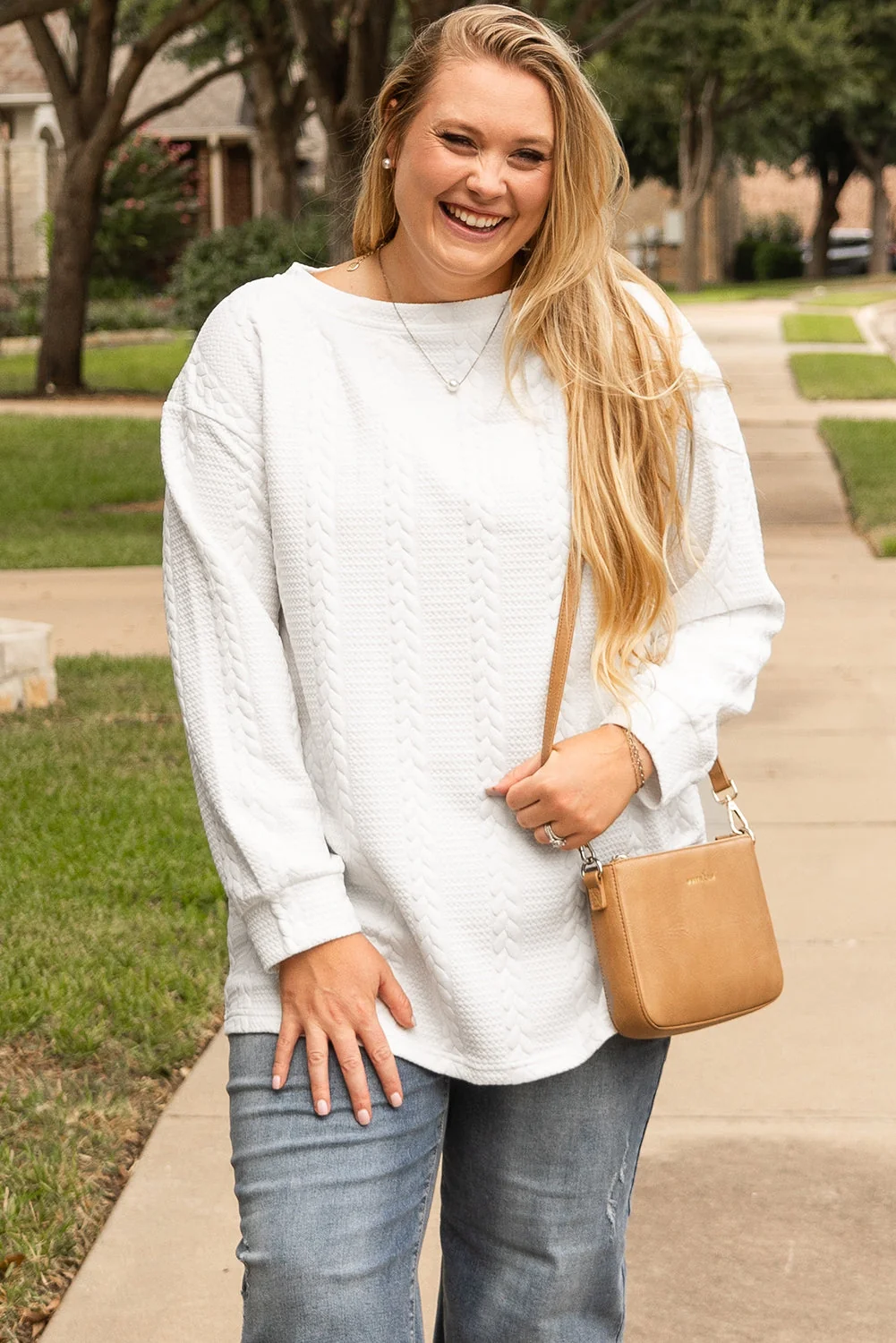 Verified Threaded Pear White Cable Textured Loose Plus Size Sweatshirt High-End