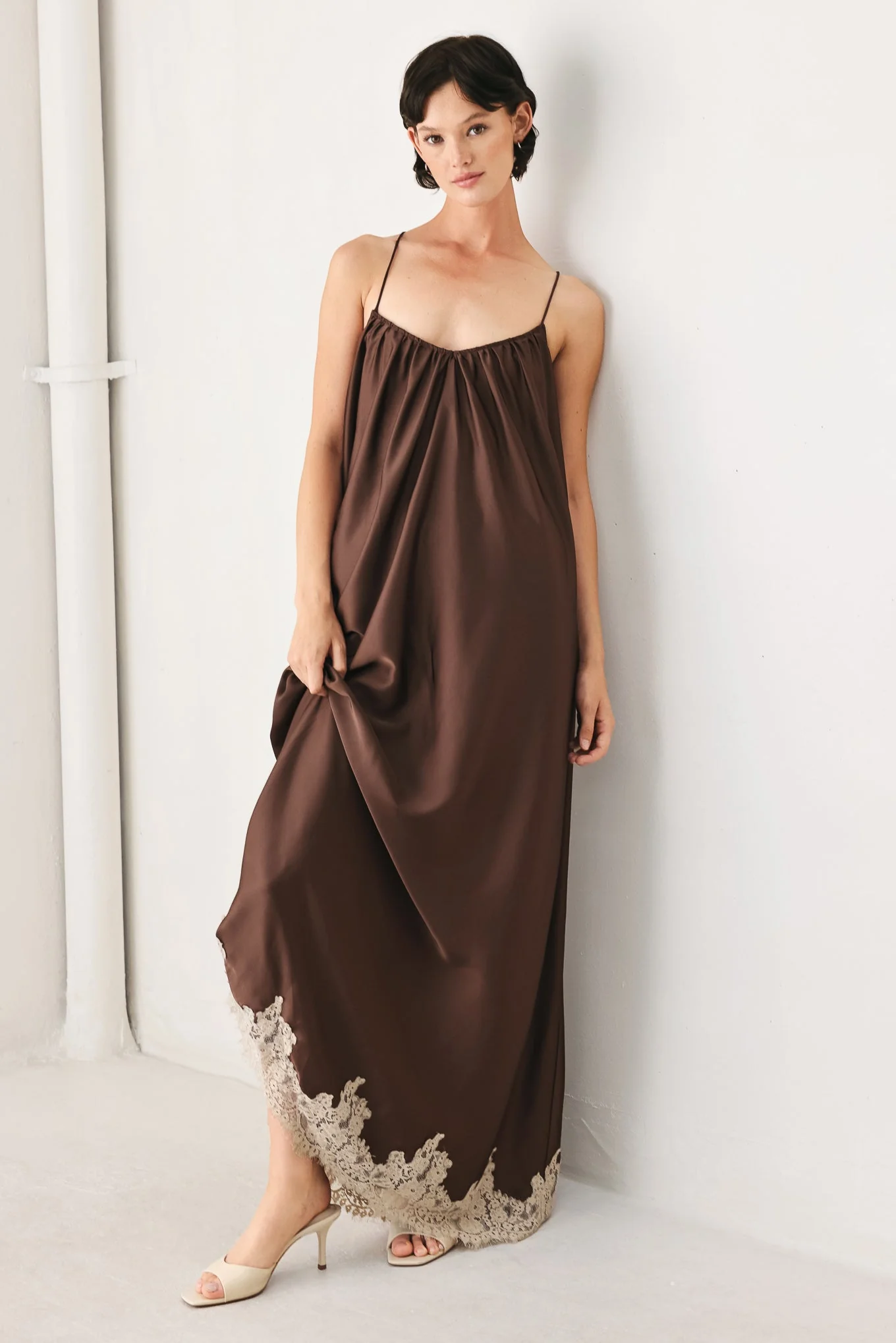 Sophisticated Truffle Dream Woven Midi Slip Dress Excellent