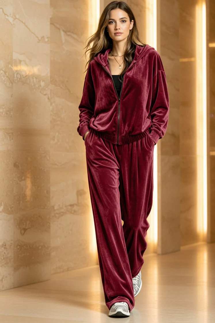 Dependable Women's Velvet Zip-Up Hoodie Wide-Leg Pants Set Artisan
