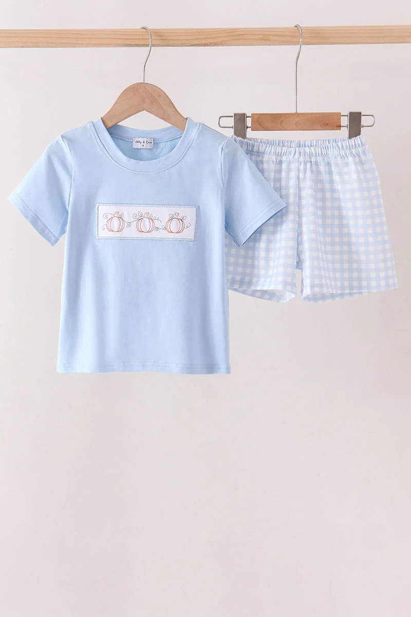 Easy-to-Use Blue Pumpkin Embroidery Gingham Shorts Set High-Quality