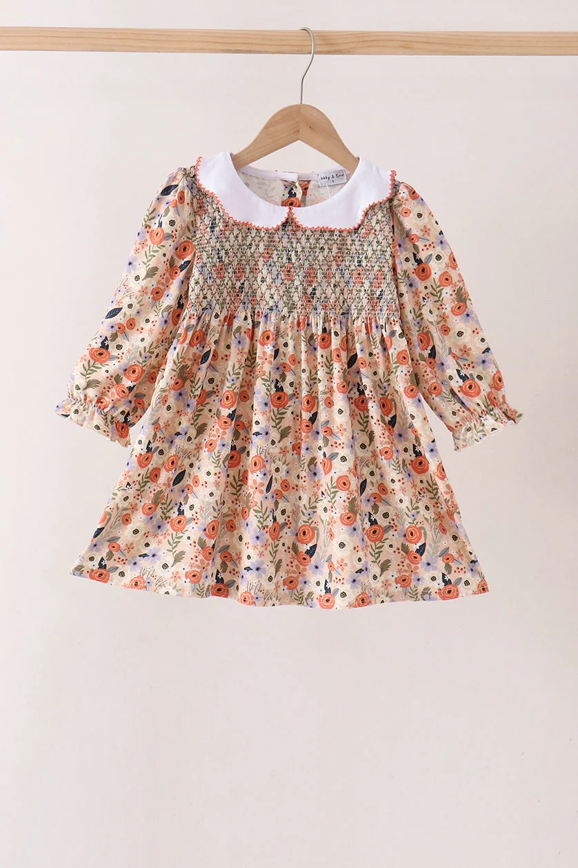Trendy Coral Floral Smocked Dress Fashionable