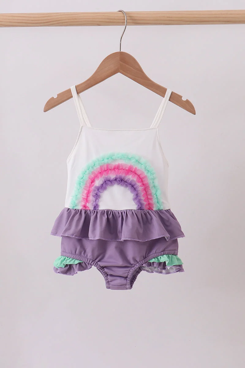 Detailed Purple lace rainbow ruffle one-piece swimsuit Fine Crafted