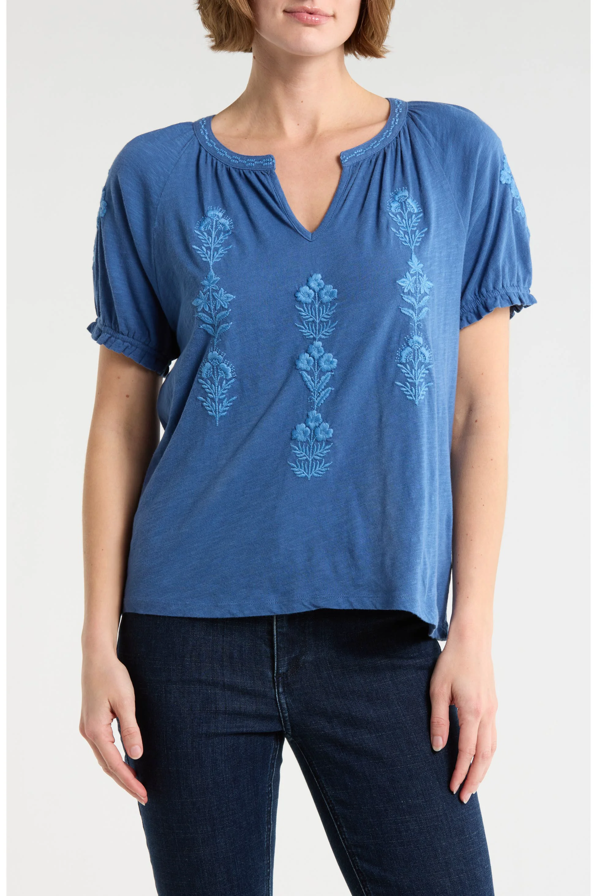 Practical Lucky Brand Women's Emb Notch Neck - True Navy Lightweight
