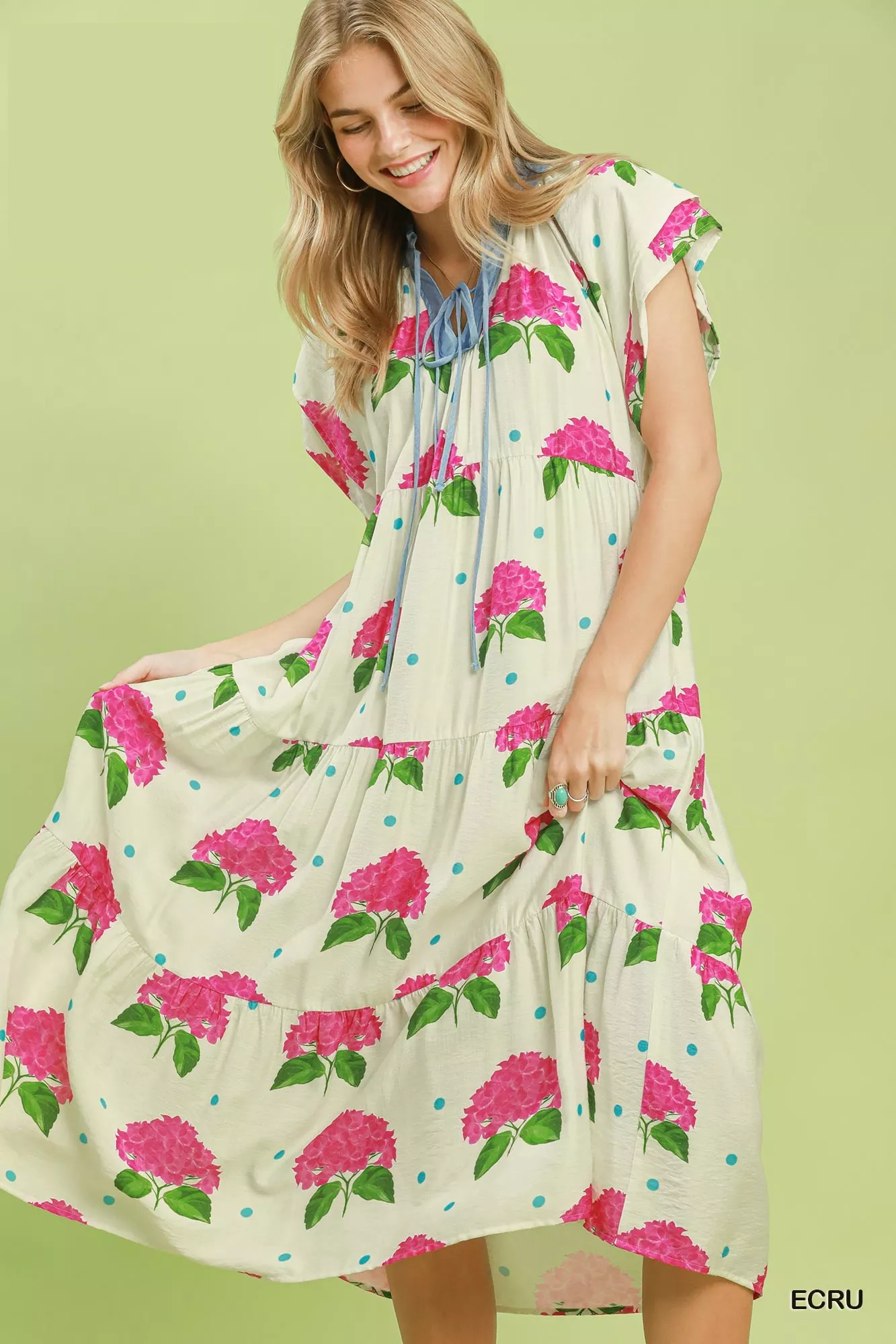 Trusted Umgee Hydrangea Print Tiered Midi Dress Smart