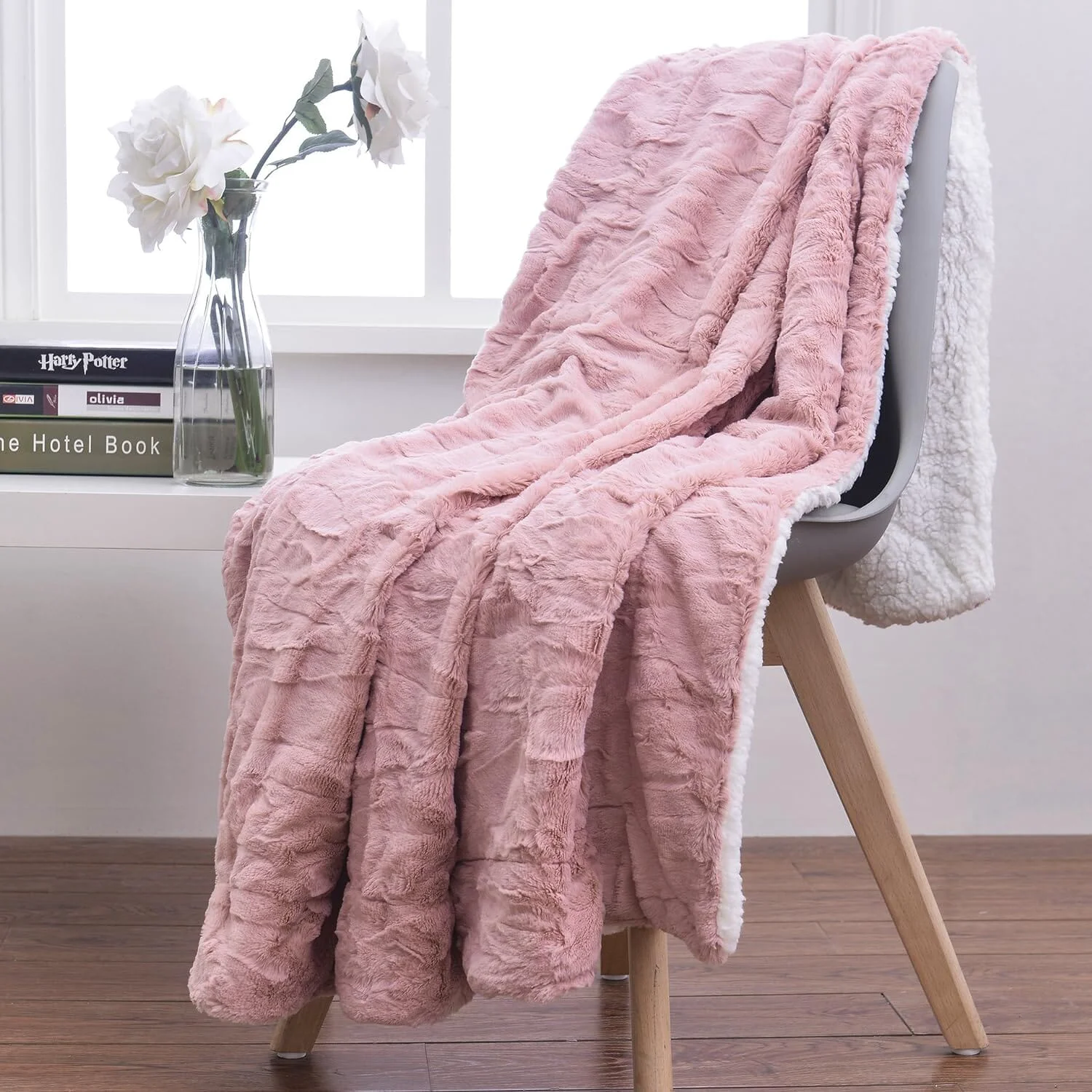 Traditional Tache Faux Fur Dusty Muted Pink Throw Blanket 7 Unique