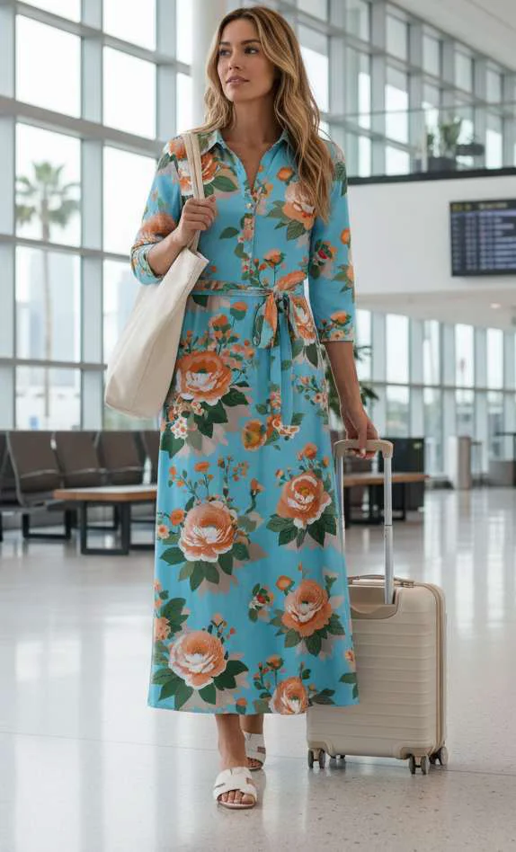 Consistent Lily by Firmiana Women s Collared Maxi Dress with Button Placket Waist Tie and Long Sleeves Women s Apparel Blue Orange Floral Authentic