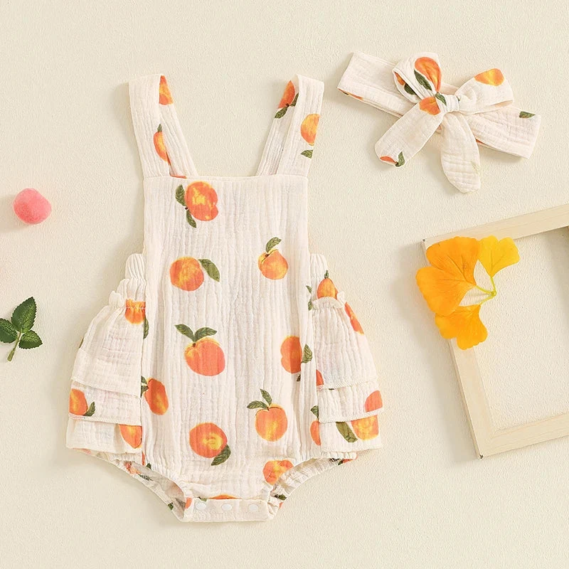 Dependable Baby Toddler Girls Romper Peach Print Sleeveless Square Neck Side Tiered Ruffled Jumpsuit with Headband SetSPECIFICATIONS Easy-to-Use