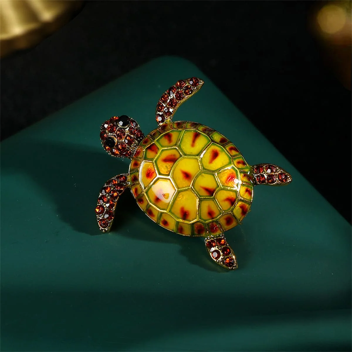 World-Class Orange Enamel Cubic Zirconia Goldtone Turtle Brooch Unique
