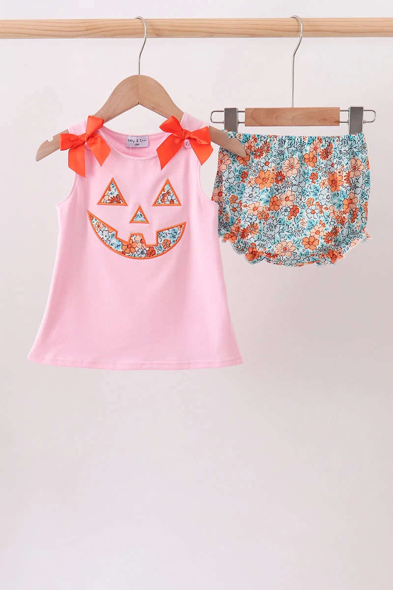 Solid Pink Jack-O-Lantern Applique Bloomer Set Verified