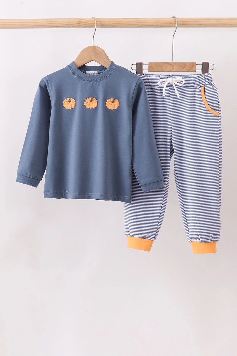 Trendy Teal pumpkin embroidery pants set Fast