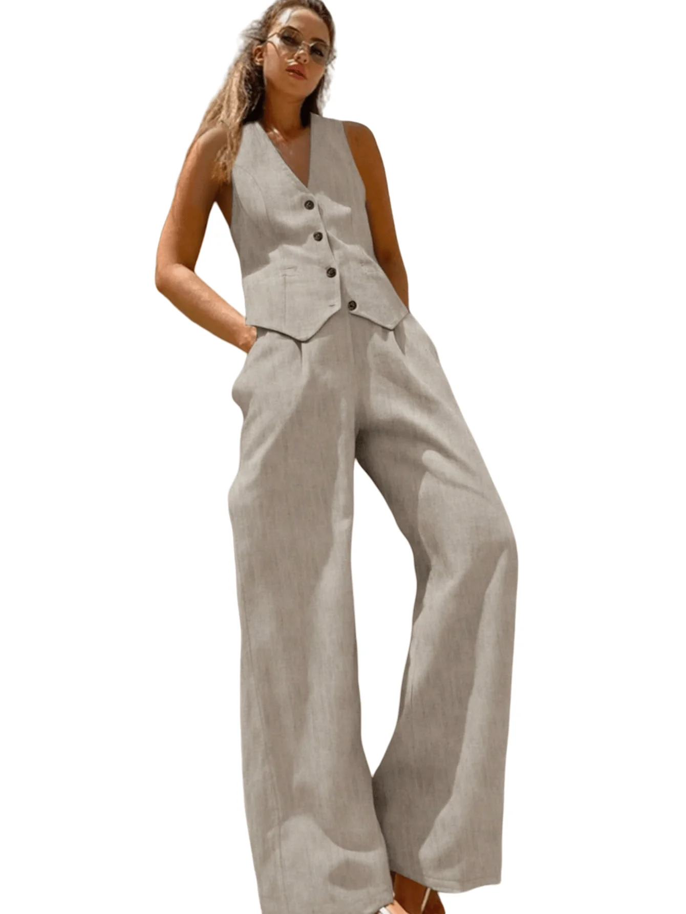 Exclusive Chic YC Women's Two Piece Button Down Waistcoat High Waist Trousers Casual Spring Summer Office Set Premium Material