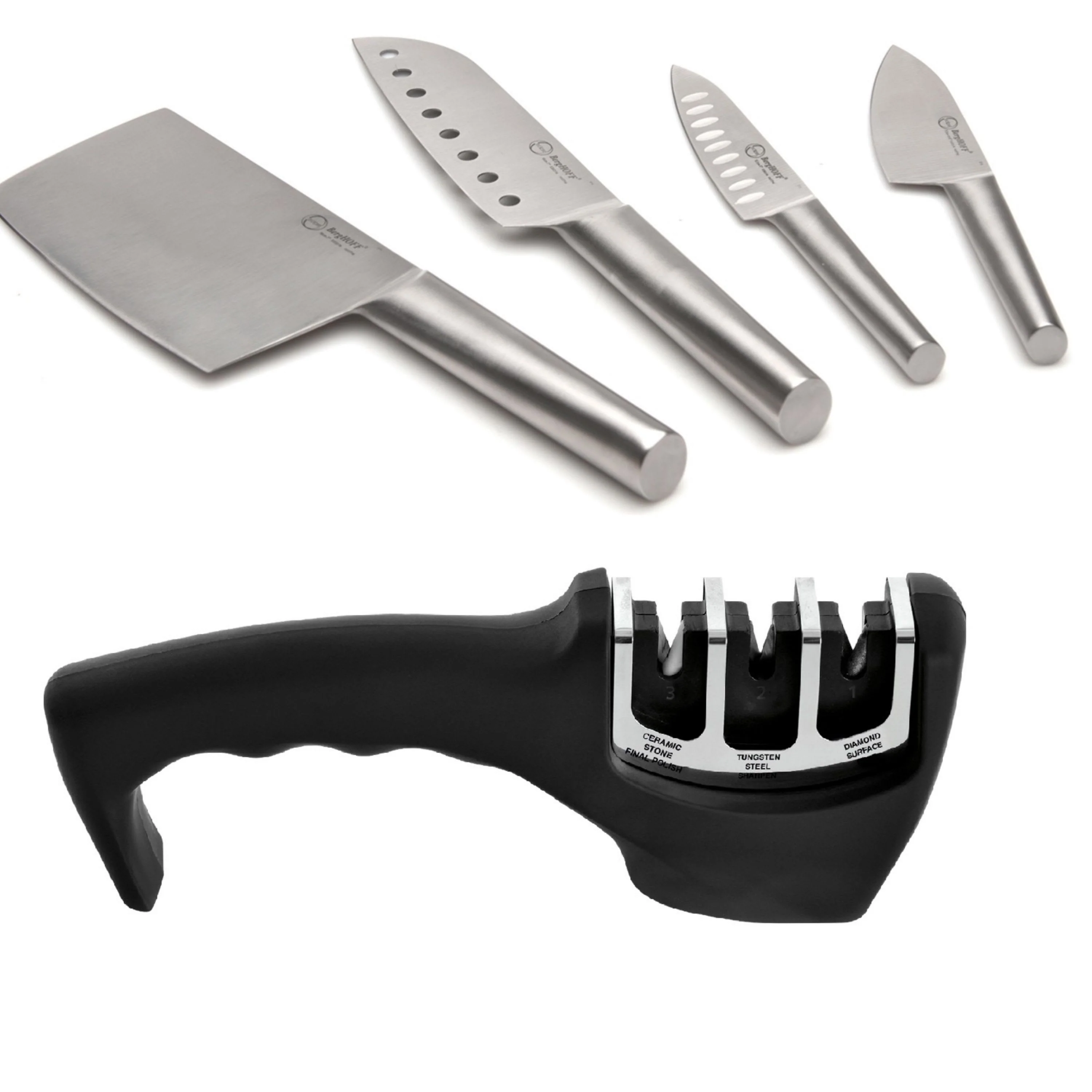 Authentic BergHOFF Straight 5Pc Stainless Steel Specialty Knife Set with 3-Slot Sharpener Modern