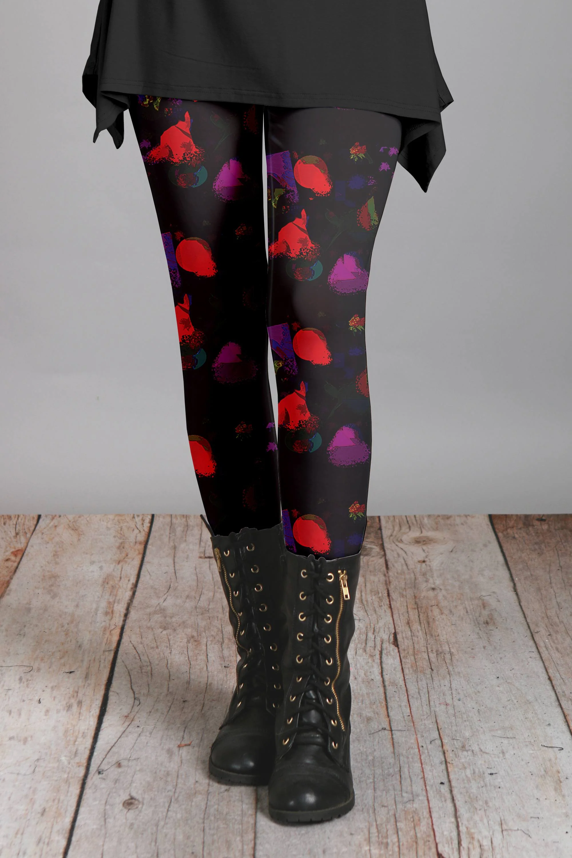 Carefully Designed Lily by Firmiana Women's Medium Rise Leggings Black and Multicolor Abstract Artisan