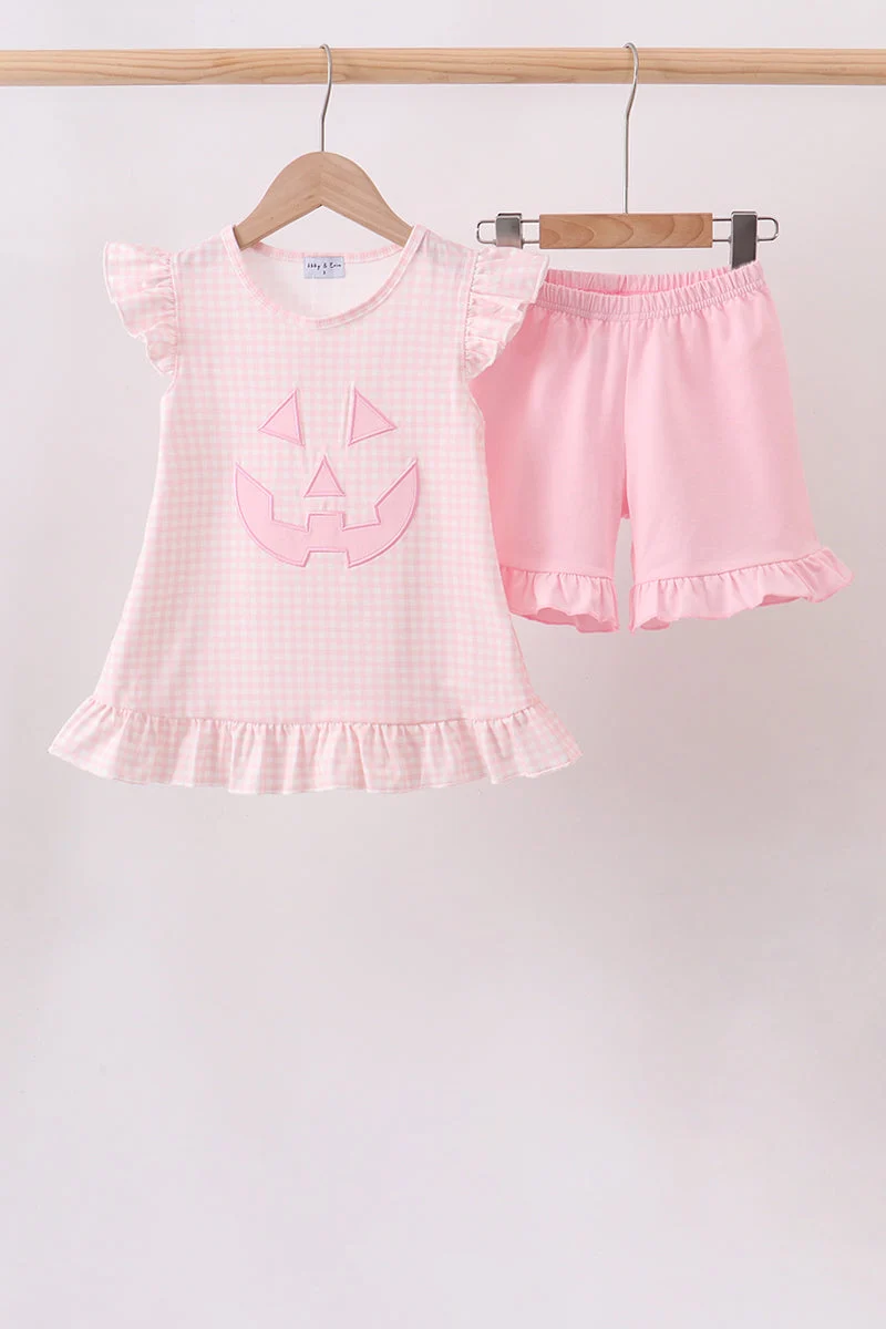 Specialty Pink Jack-O-Lantern Applique Ruffle Shorts Set Organic