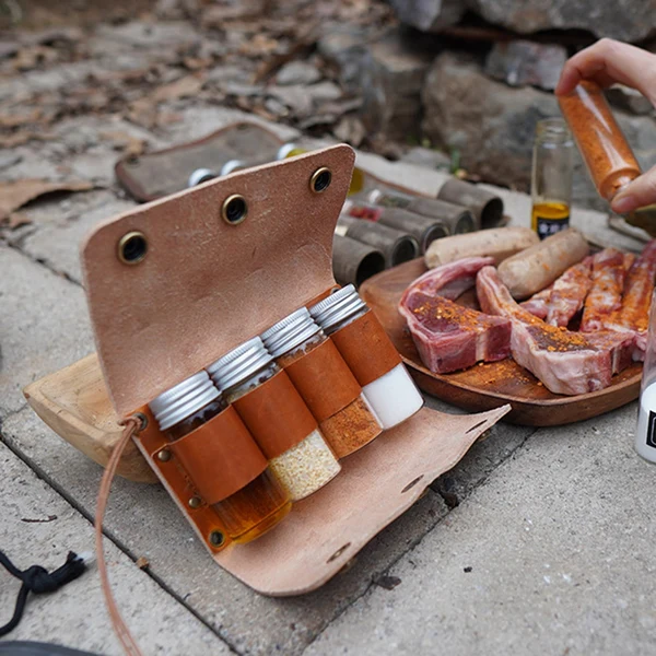 Advanced Maxbell Condiment Bottle Kit Spice Jar Camping Picnic Leather Bag Barbecue for BBQ Functional