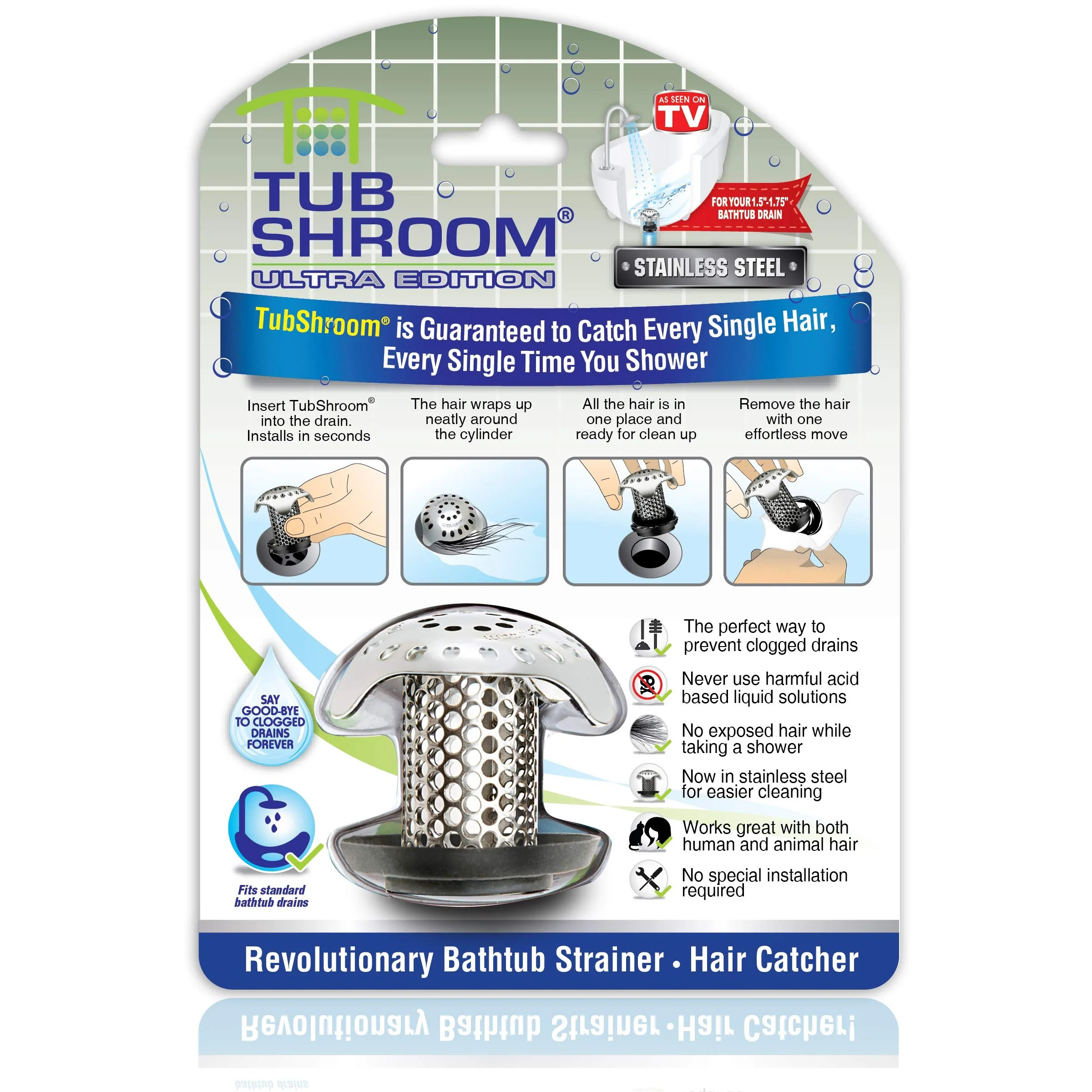 Artisan TubShroom Ultra Bath Tub Drain Protector Hair Catcher Strainer Snare Stainless Steel 1-Pack Silver Relaxed
