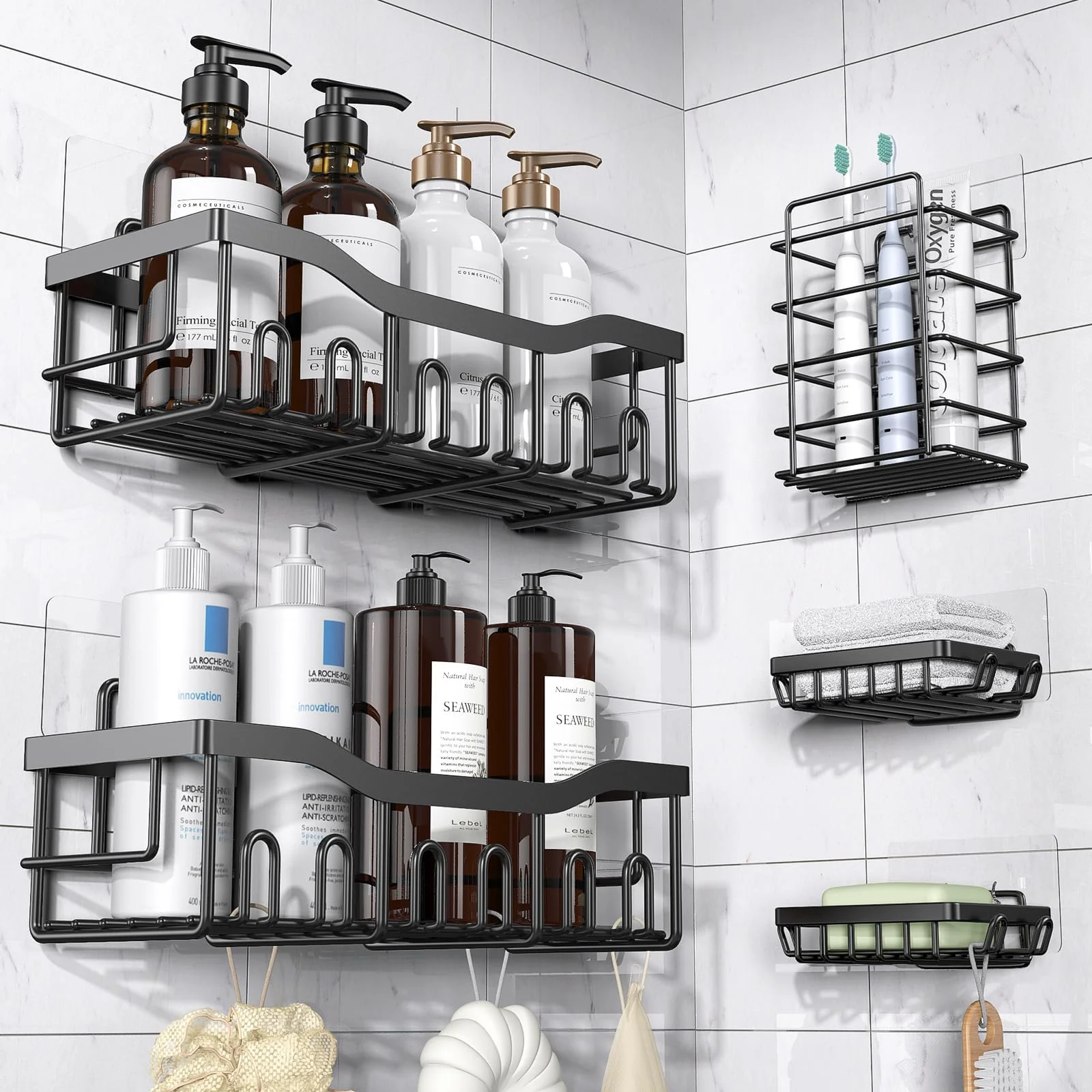 Enhanced EUDELE Adhesive Shower Caddy 5-Pack Rustproof Stainless Steel Bathroom Shelves No-Drill Storage Organizers Large Capacity High-Quality