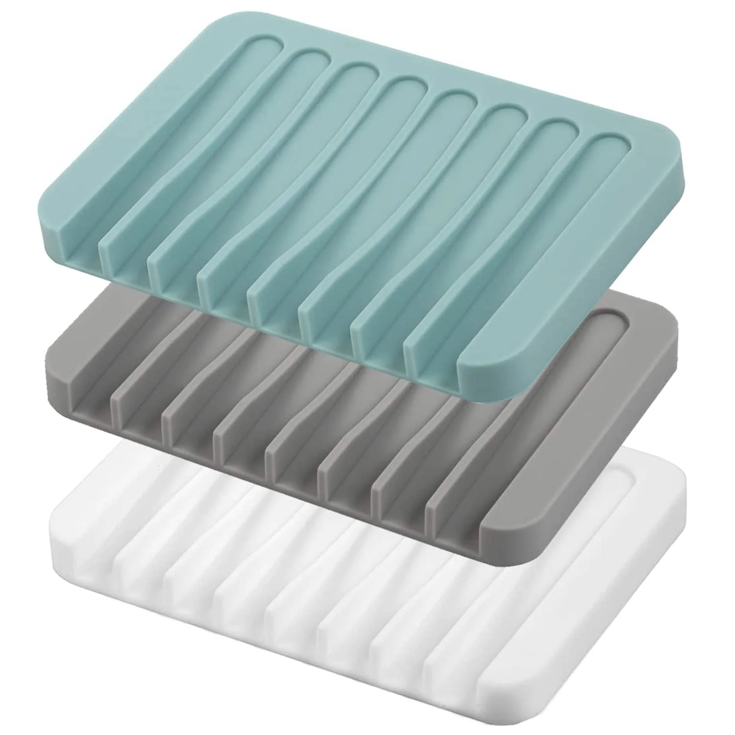Trusted 3-Pack Self Draining Soap Dishes – Silicone Waterfall Soap Holders Keep Bars Dry Clean Easy to Clean – White Gray Teal Green