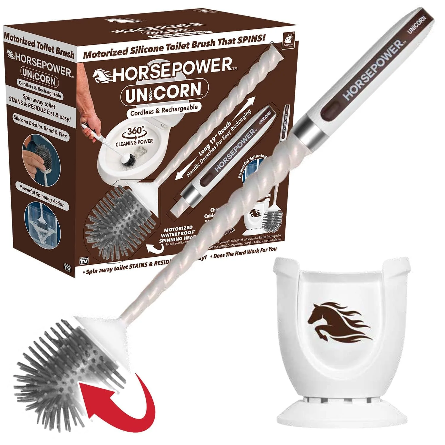 Trusted Horsepower Unicorn Motorized Toilet Brush 360° Spinning Silicone Bristles Powerful Stain Removal No Scrubbing Rechargeable As-Seen-On-TV Professional