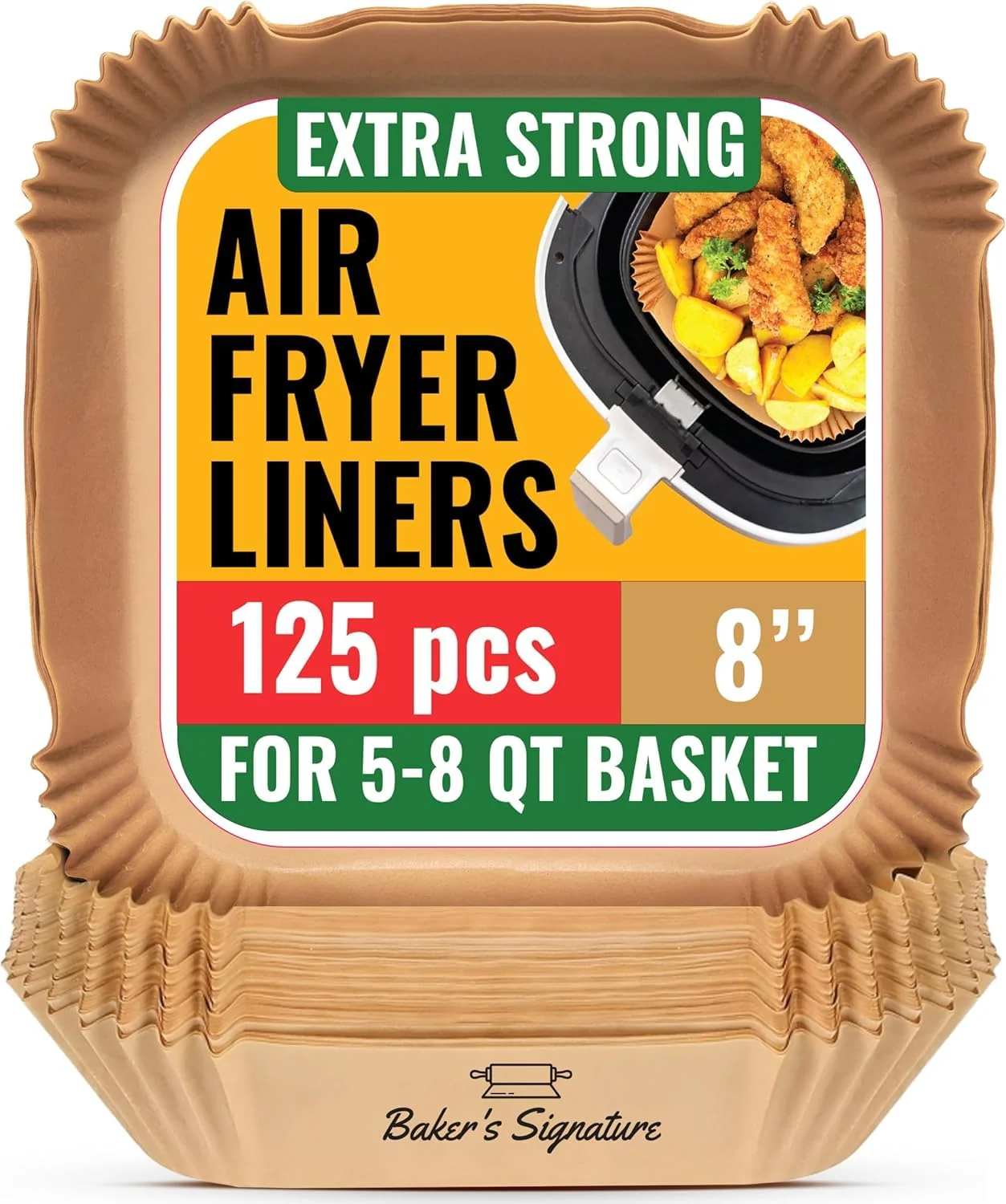 Premium Baker's Signature Air Fryer Paper Liners 125-Pack Disposable 8 Square Non-Stick Oil-Proof for 5-8 Qt Baskets Easy Cleanup Relaxed