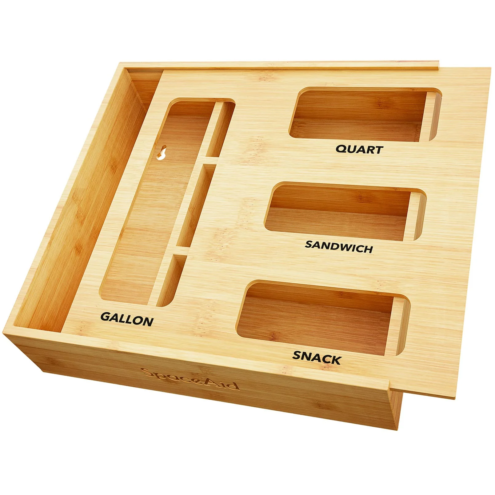Crafted SpaceAid Bag Storage Organizer for Kitchen Drawer Bamboo Organizer Compatible with Gallon Quart Sandwich and Snack Variety Size Bag 1 Box 4Slots Pure