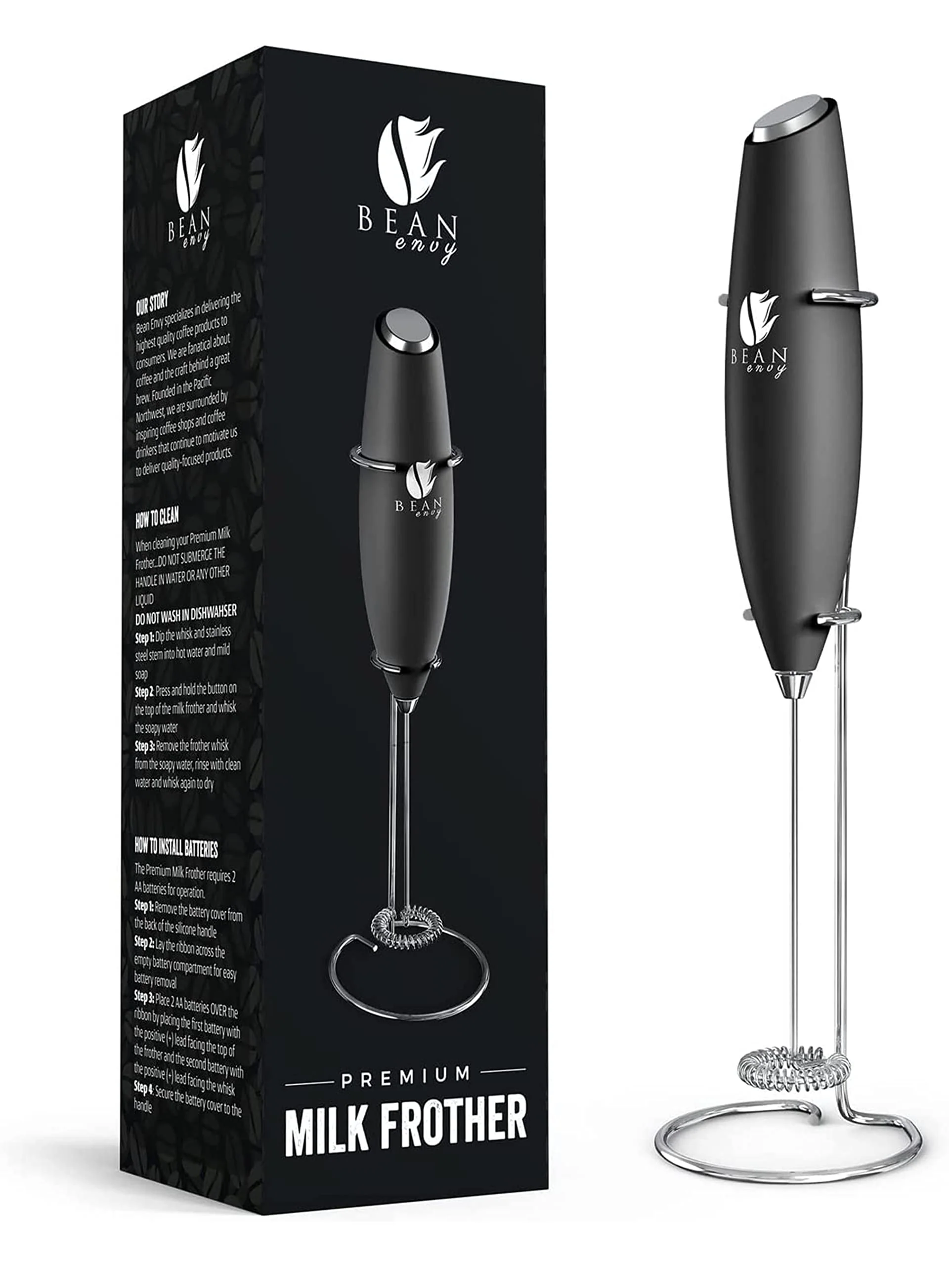 Casual Bean Envy Handheld Milk Frother – Mini Whisk Coffee Foamer with Stand for Lattes Cappuccino Matcha Hot Chocolate Black Artisan