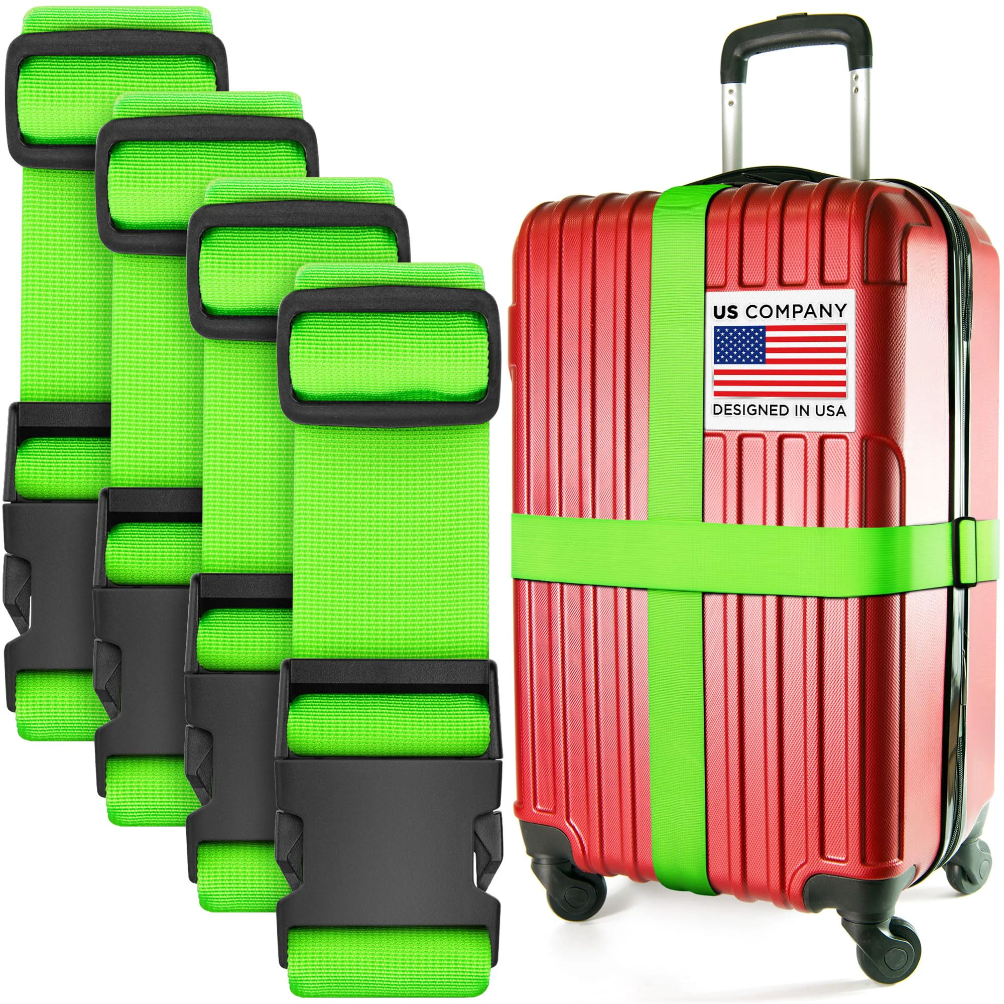 Flexible TSA Luggage Straps – 4 Pack Neon Green Adjustable Nylon Suitcase Belts for Travel Bags Briefcases Checked Luggage 46 -78 Long-Lasting