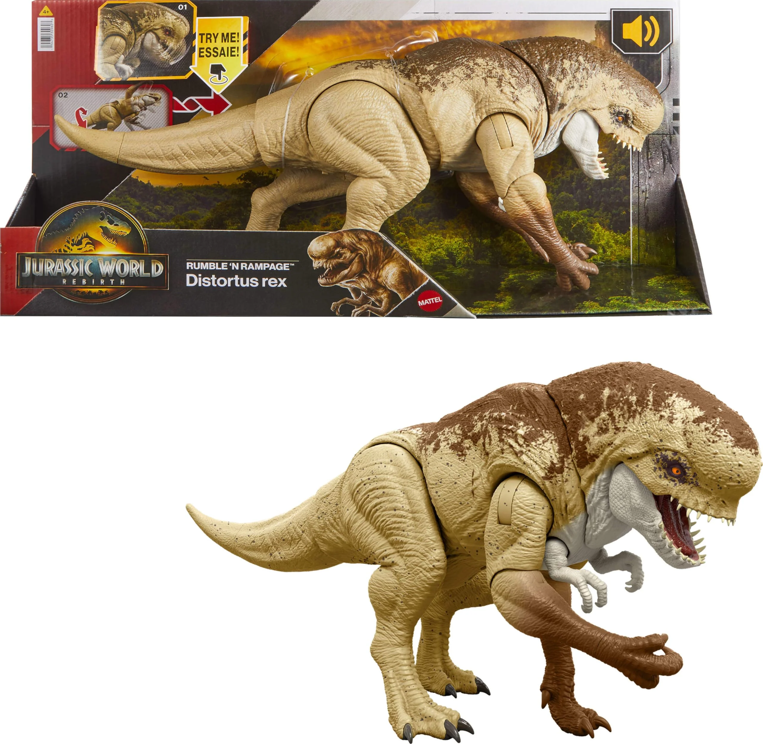 Practical Mattel Jurassic World Rebirth Distortus Rex Rumble N Rampage Dinosaur Action Figure 22 Inch with 2 Attack Actions Content-Accurate Digital Play Durable