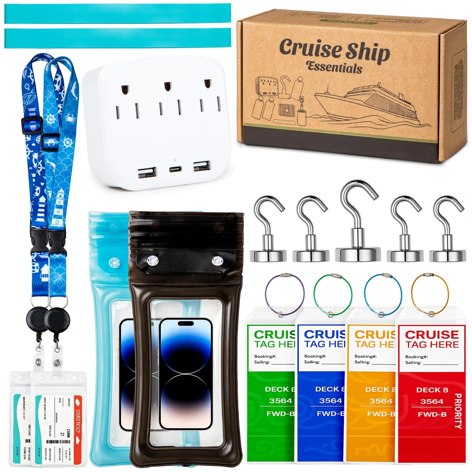 Secure Cruise Essentials 2025 Kit – Must-Have Travel Set with Power Strip Lanyard Magnetic Hooks Luggage Tags Towel Bands Waterproof Phone Holder Selected