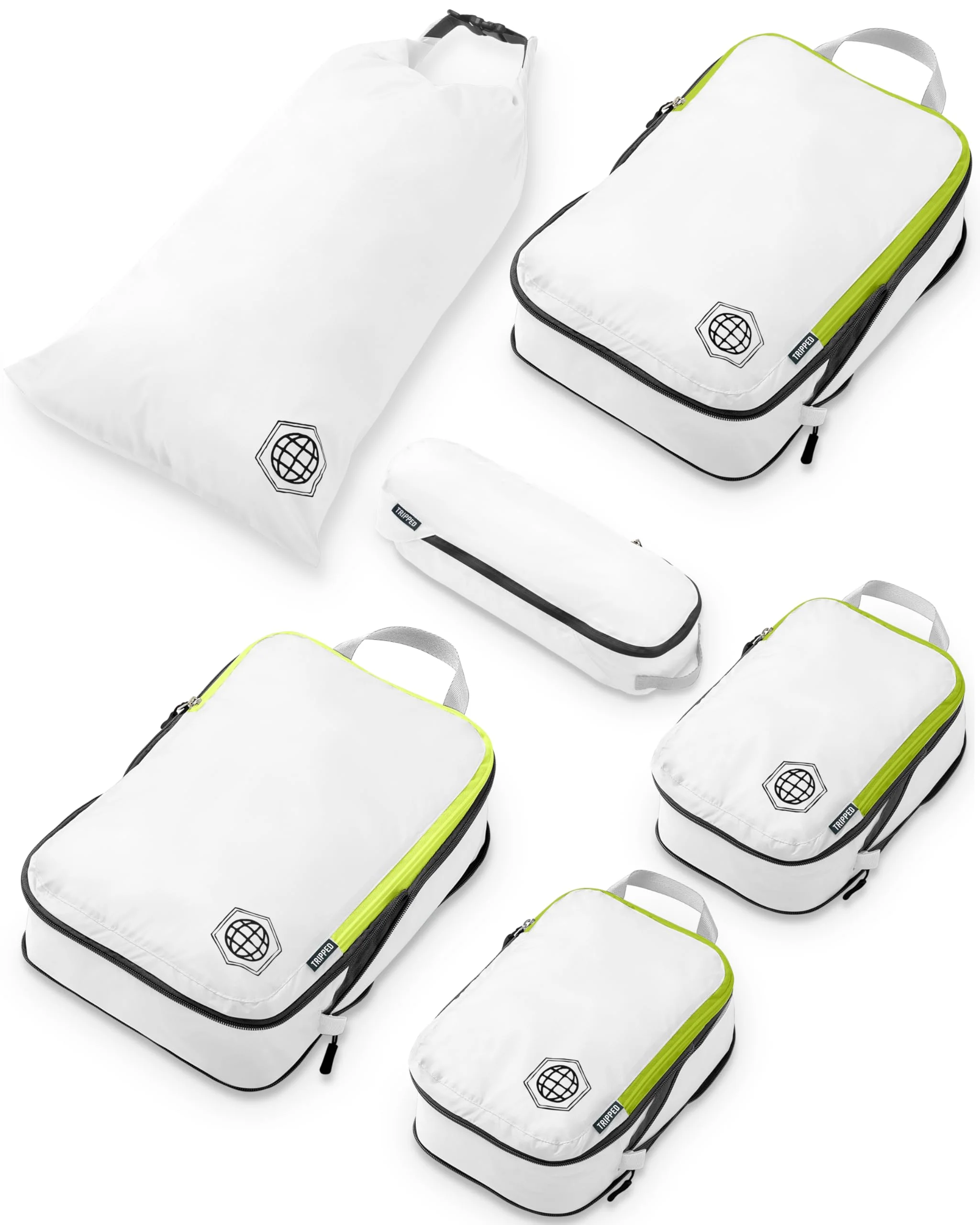 Secure Compression Packing Cubes 6 Piece Set for Travel - Lightweight Durable Clothes Organizer for Carry-On Luggage and Backpacks by TRIPPED Travel Gear White and Green Elegant