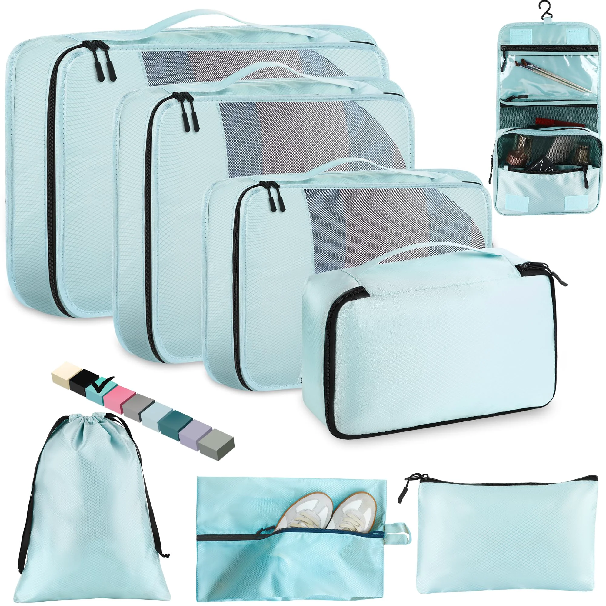 Trendy Toncoke 8-Piece Packing Cubes for Travel – Mesh Luggage Organizer Bags for Women Men Kids 4 Sizes Travel Camping Essentials Lake Blue Fine Crafted