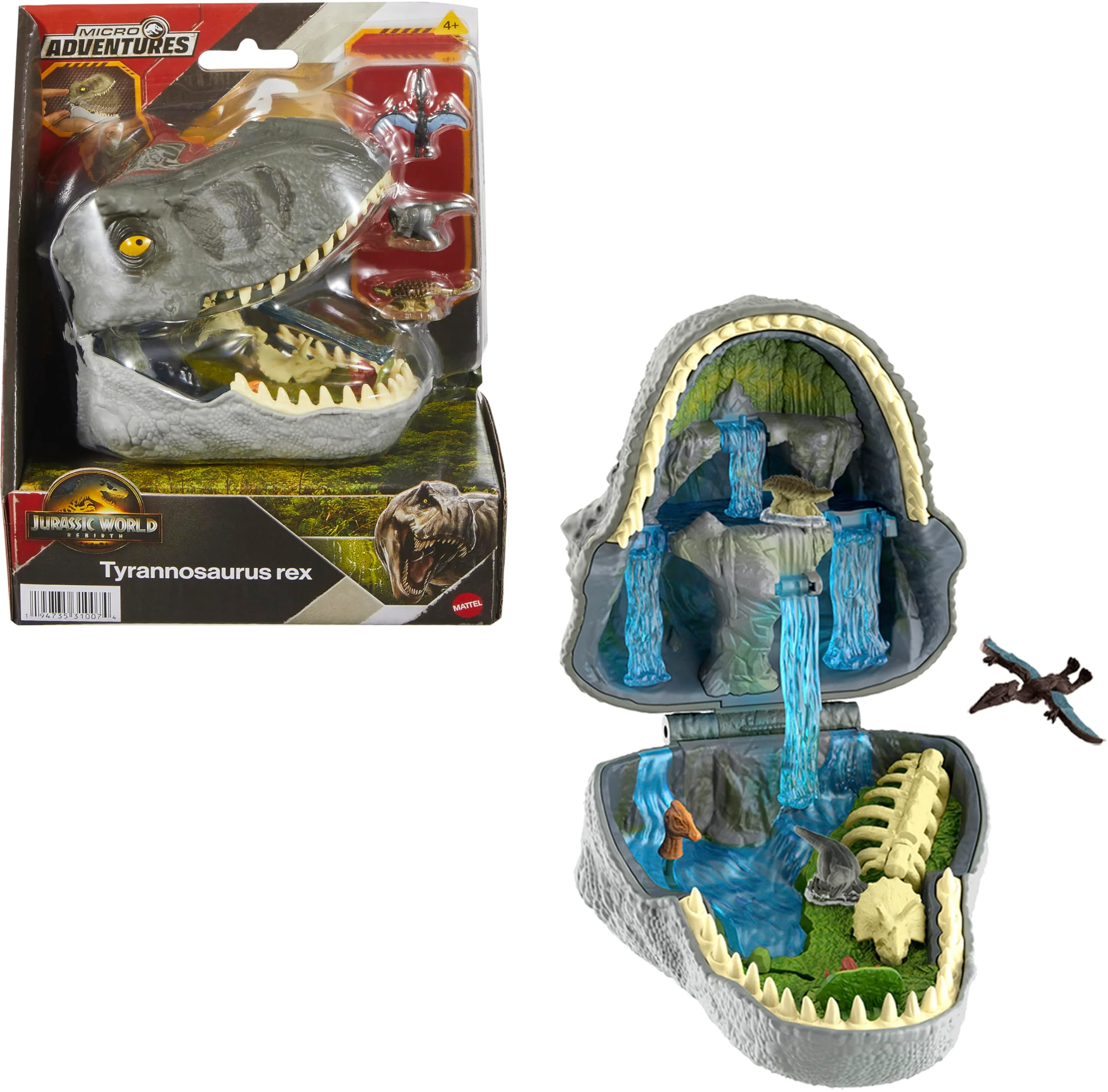Versatile Mattel Jurassic World Rebirth Micro Adventure Playset Tyrannosaurus Rex Head Opens to 4 Interactive Features 3 Micro Figures T. Rex Dinosaur Toy Prestigious