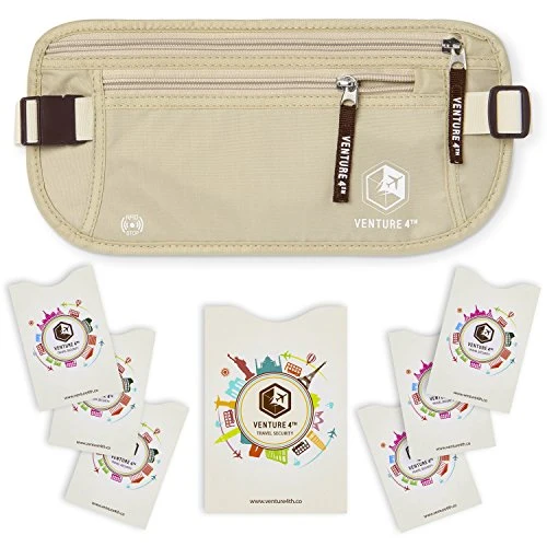 Reusable VENTURE 4TH Slim RFID Money Belt – Minimalist Travel Waist Pouch with RFID Blocking Sleeves for Cash Cards Passport Phone Beige Top-Quality