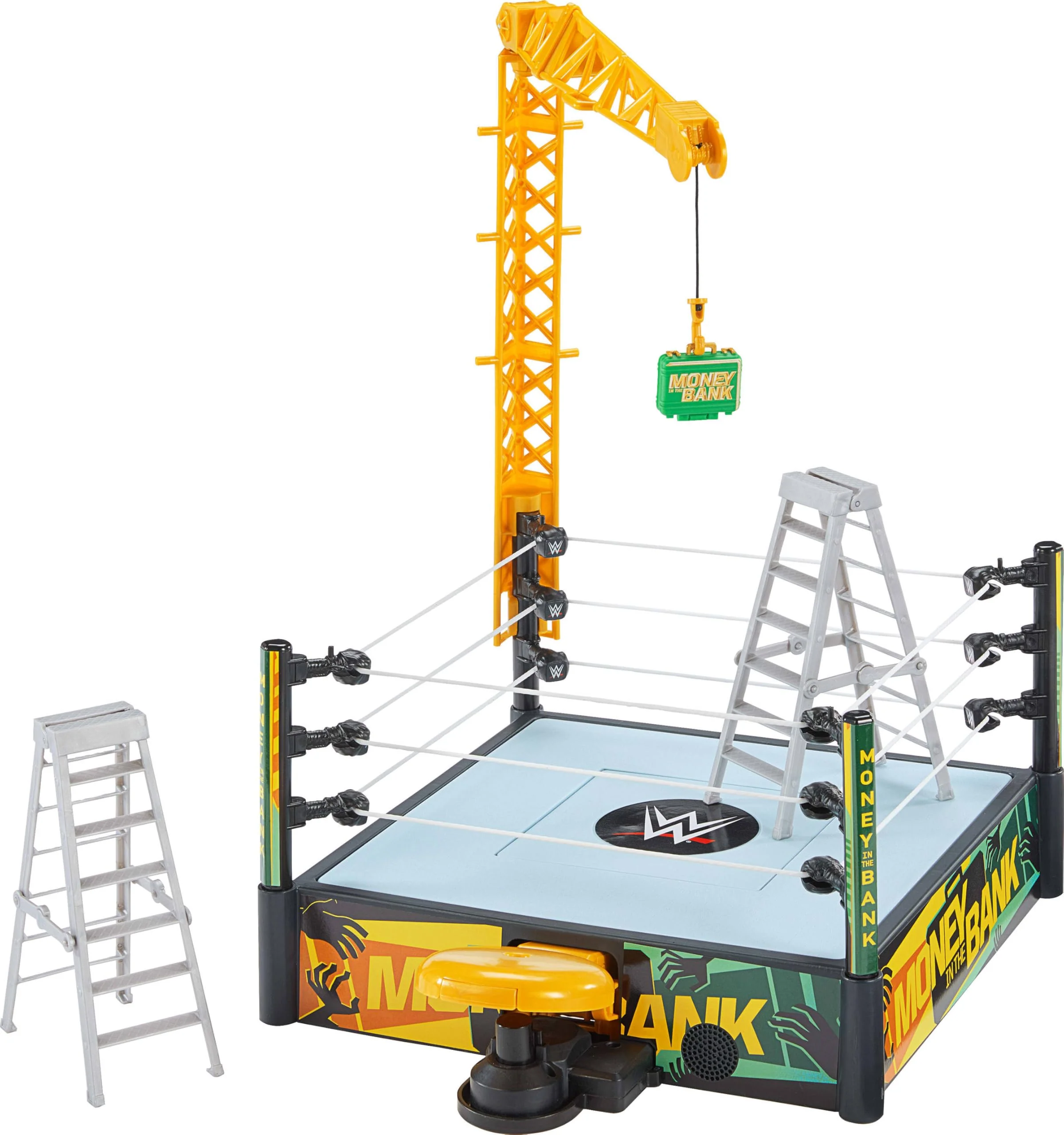 Soft Mattel WWE Money in The Bank Cash-in Ring Playset – 2 Play Modes 40 Sounds Phrases Launcher Crane Ladders Briefcase Effective