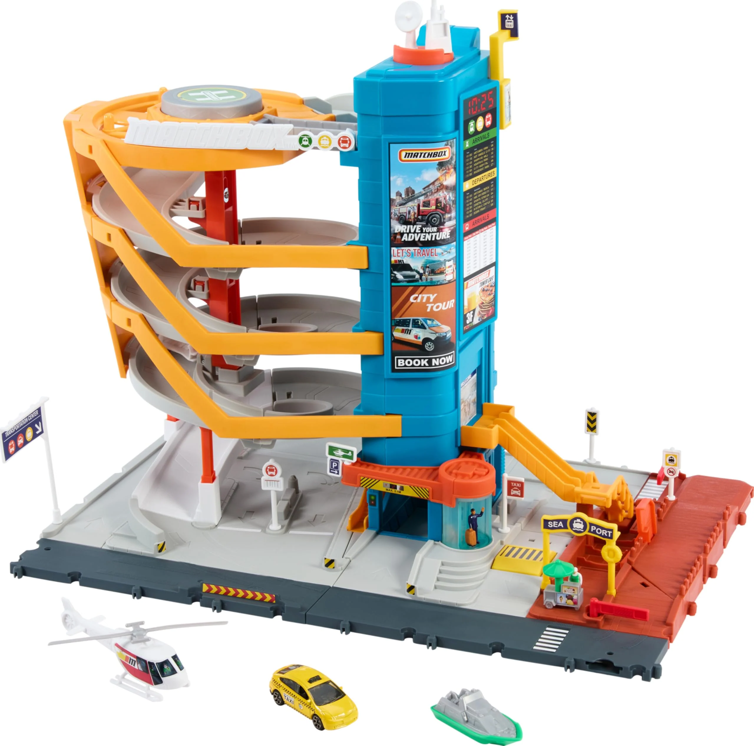 User-Friendly Matchbox 5-Level Transportation Center Playset with Car-Activated Features Includes 1 64 Taxi Boat Helicopter Food Vendor Kids Toy Vehicles Eco-Friendly