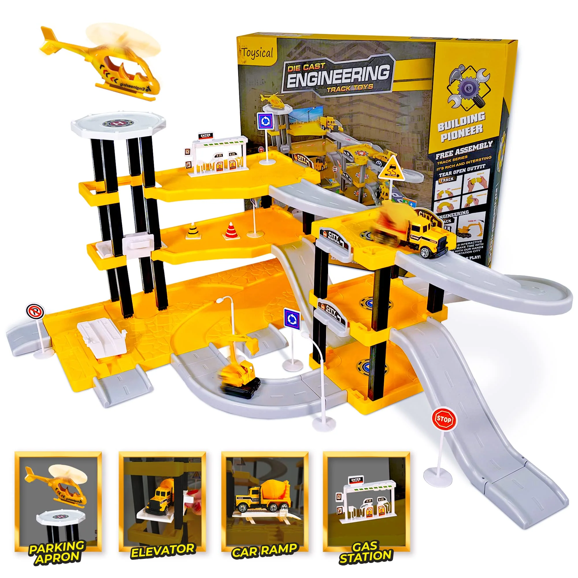Elegant Toysical Construction Playset – Parking Garage with Vehicles Helicopter Figures Road Setup Floor Map – Construction Toys for Boys Girls Ages 4-6 Premium