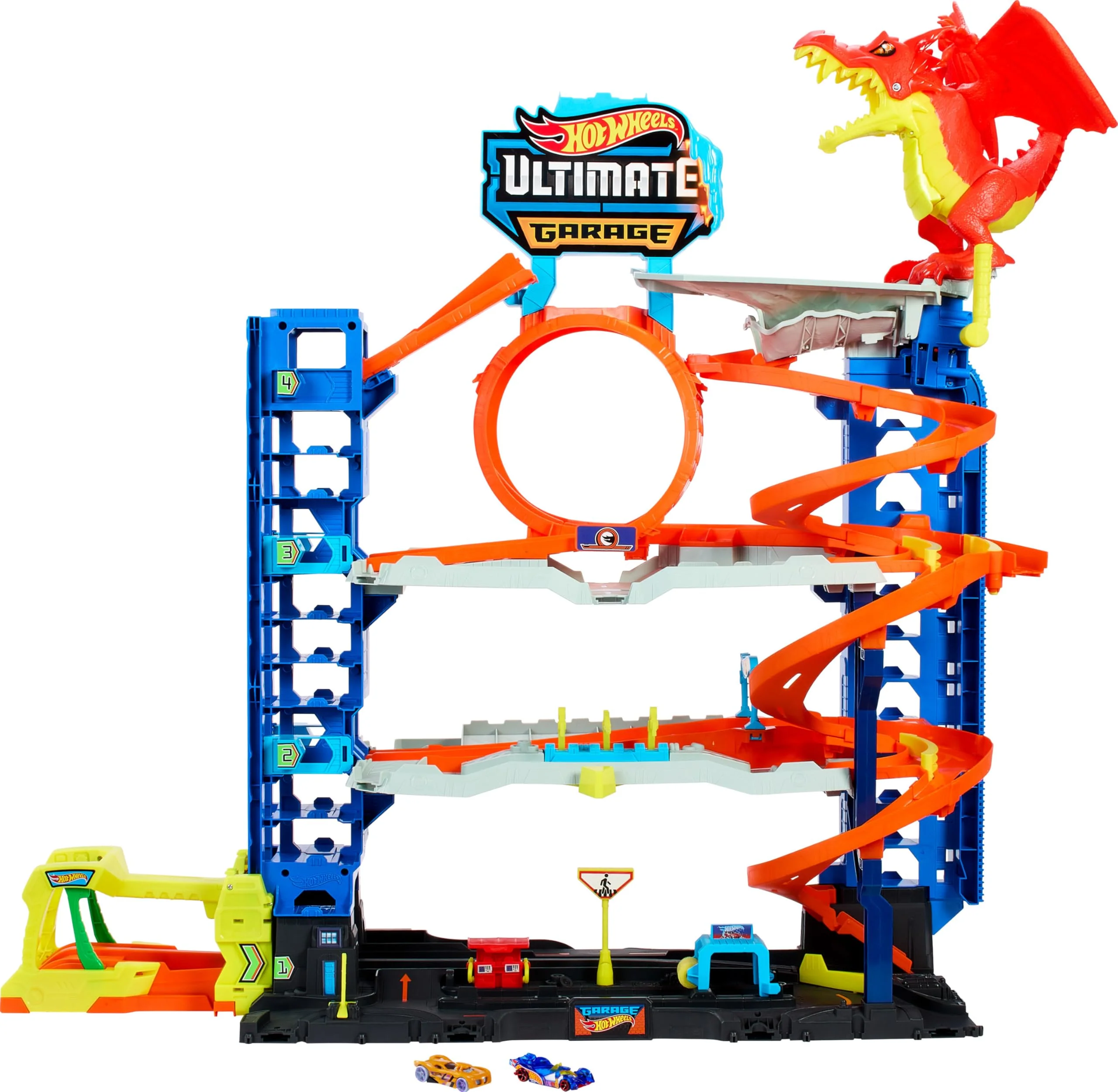 User-Friendly Hot Wheels City Garage Track Set with 2 Die-Cast Toy Cars Car-Eating Dragon Stores 50 Vehicles 4 Levels Refined
