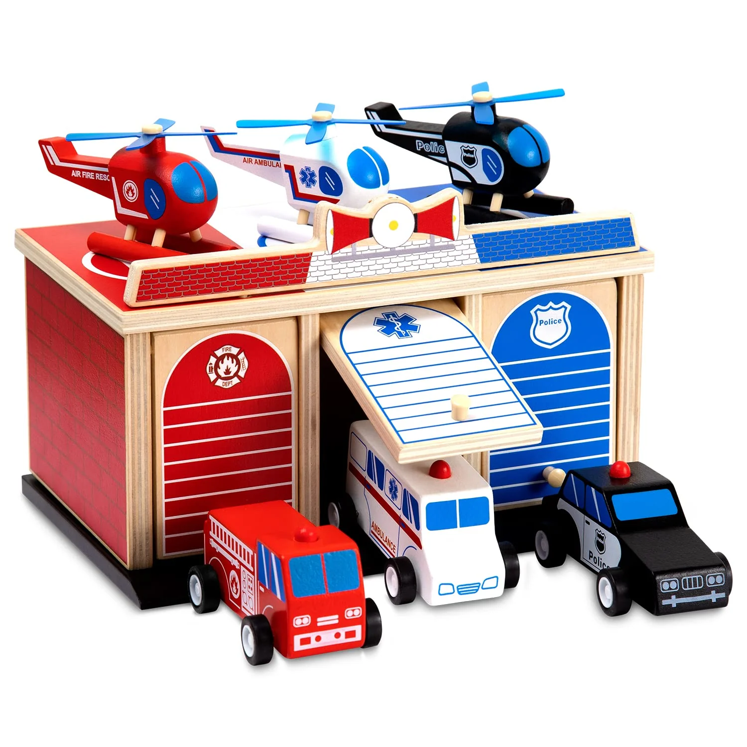 Contemporary Rescue Station Wooden Playset – 2-Level Garage with Fire Truck Ambulance Police Car 3 Helicopters – Emergency Vehicles for Kids 3 Reliable