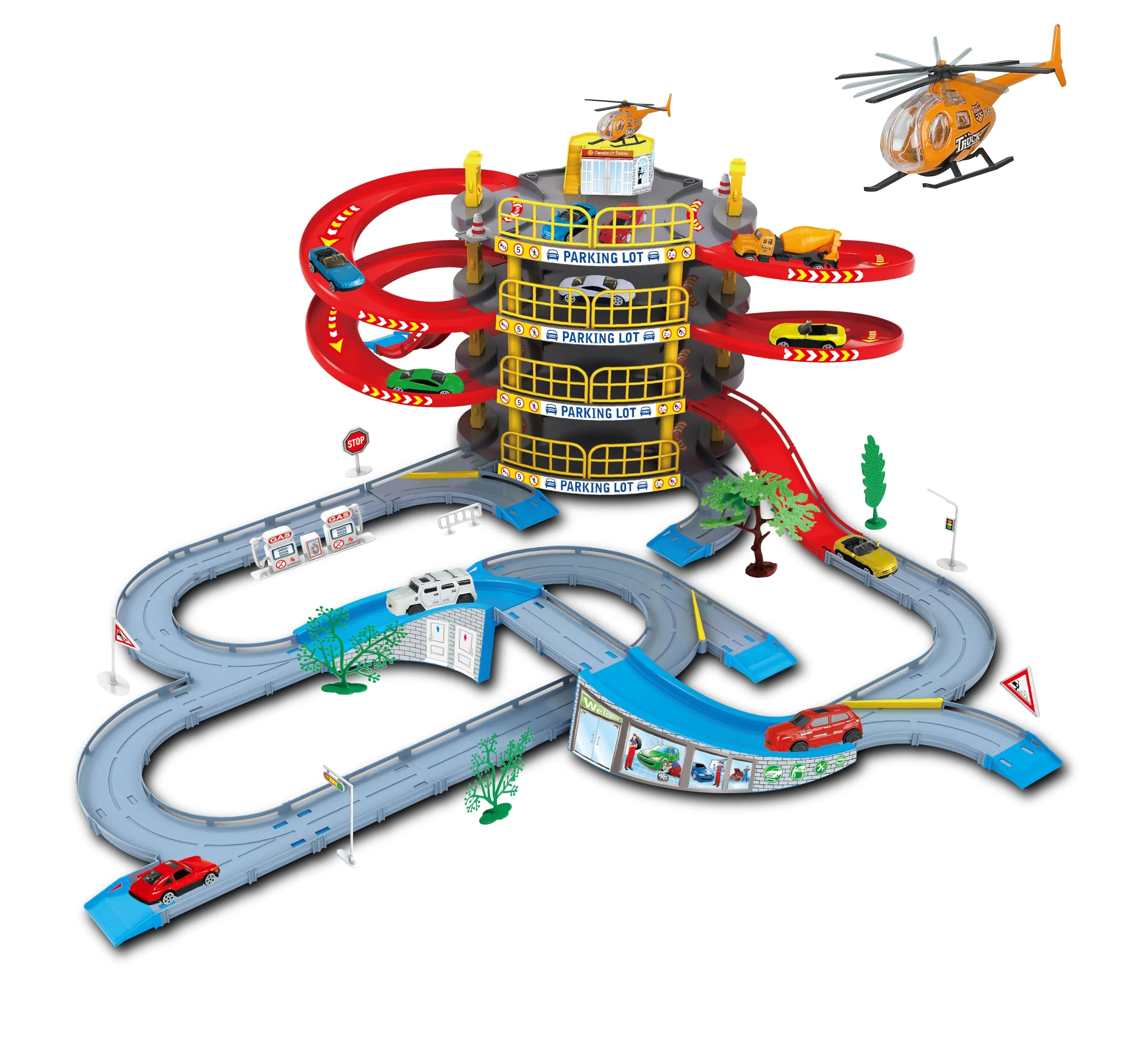 4-Level Garage Toy Set with Race Tracks Parking Lot 1 Helicopter 2 Cars – Durable Vehicle Playset for Boys Kids Toddlers Minimalist