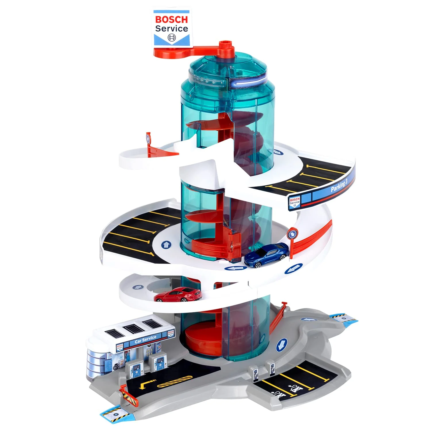 User-Friendly Theo Klein Bosch Car Service Helix Shaped Multi Story Parking Garage Pretend Playset Toy with 2 Toy Cars for Kids Aged 3 and Up Eco-Friendly