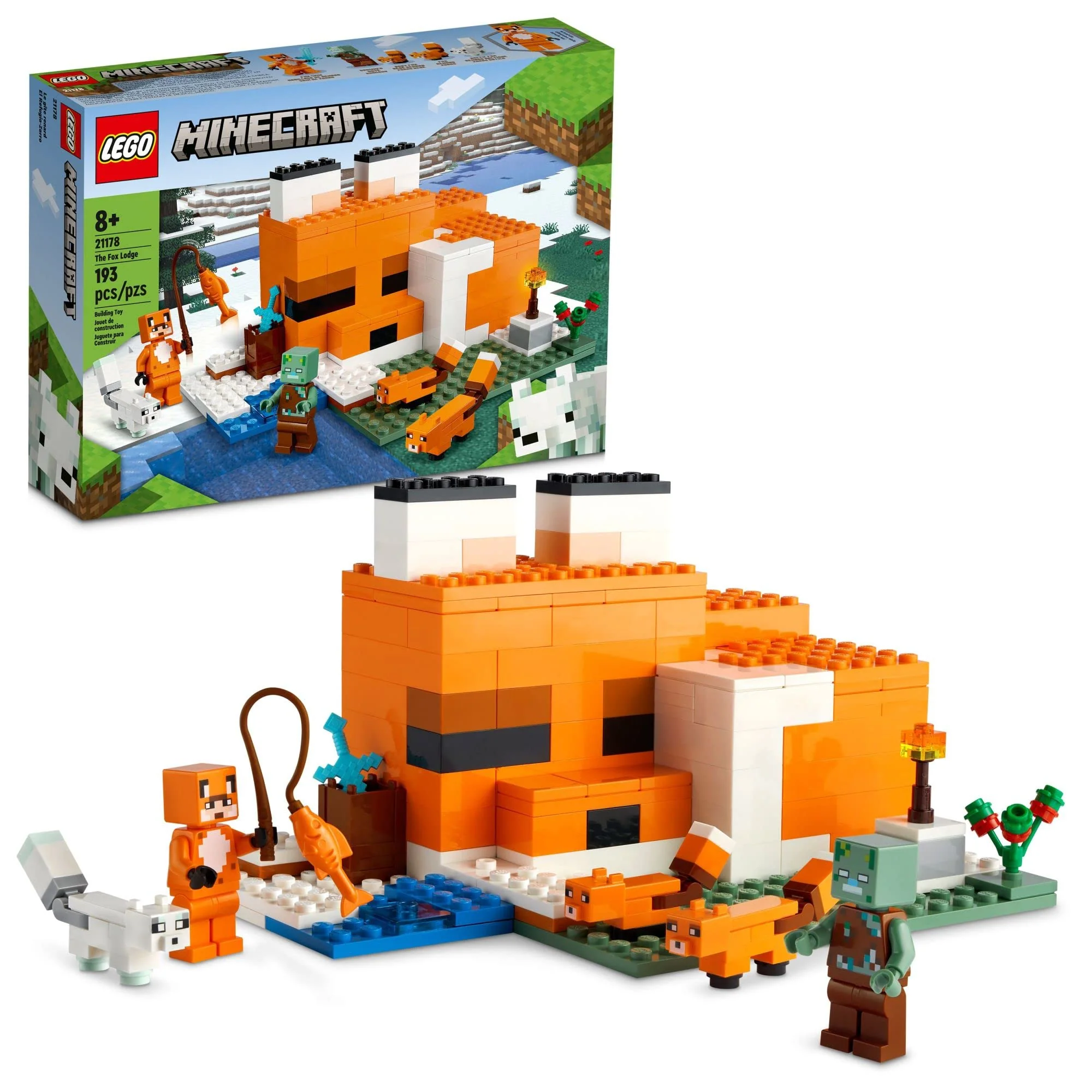Enhanced LEGO Minecraft The Fox Lodge House 21178 Animal Toy Building Set with Drowned Zombie Figure Birthday Gift for Kids Boys Girls Ages 8 Crafted