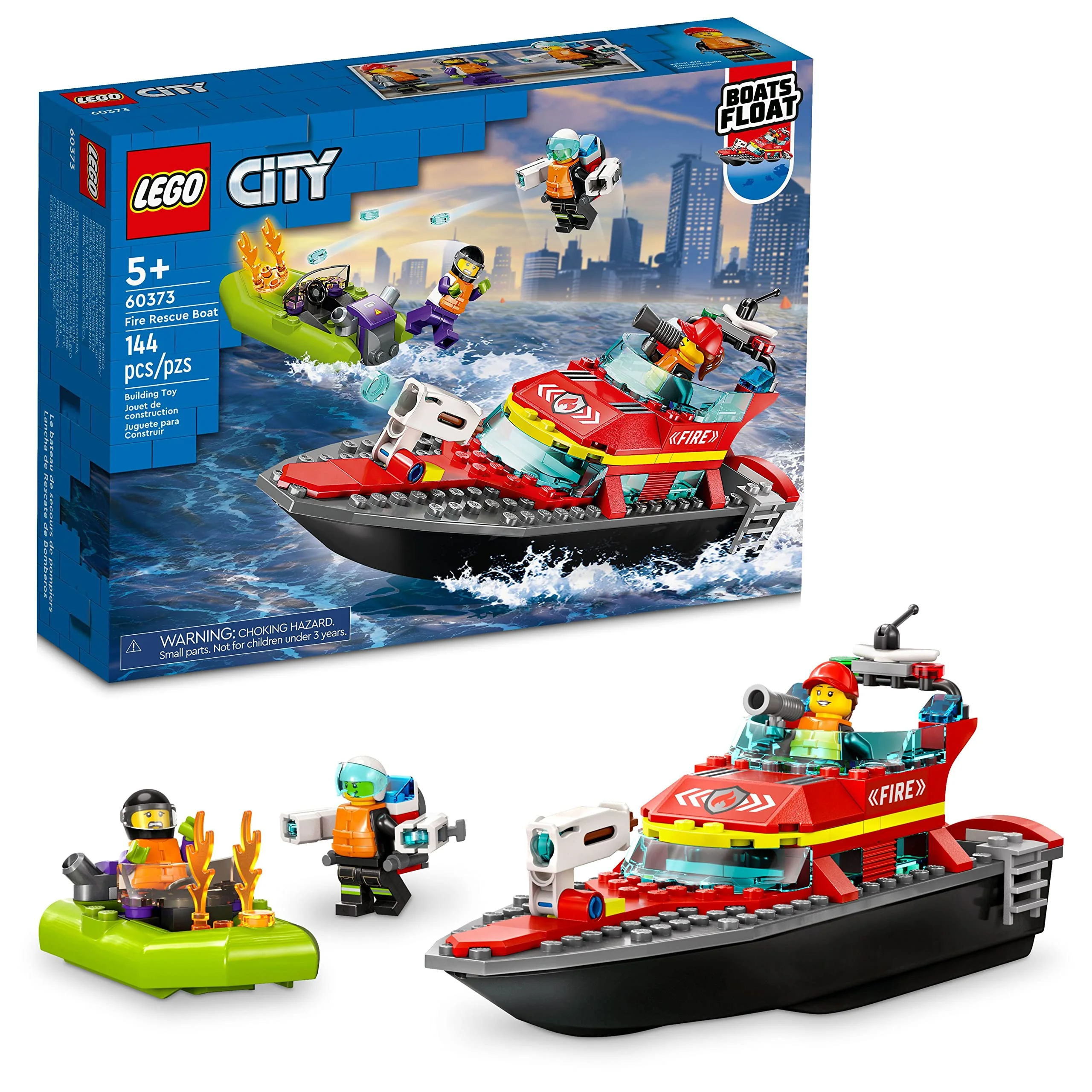 Solid LEGO City Fire Rescue Boat 60373 Floatable Boat Building Toy for Kids Ages 5 Pretend Play Firefighter Set Birthday Gift Idea Efficient