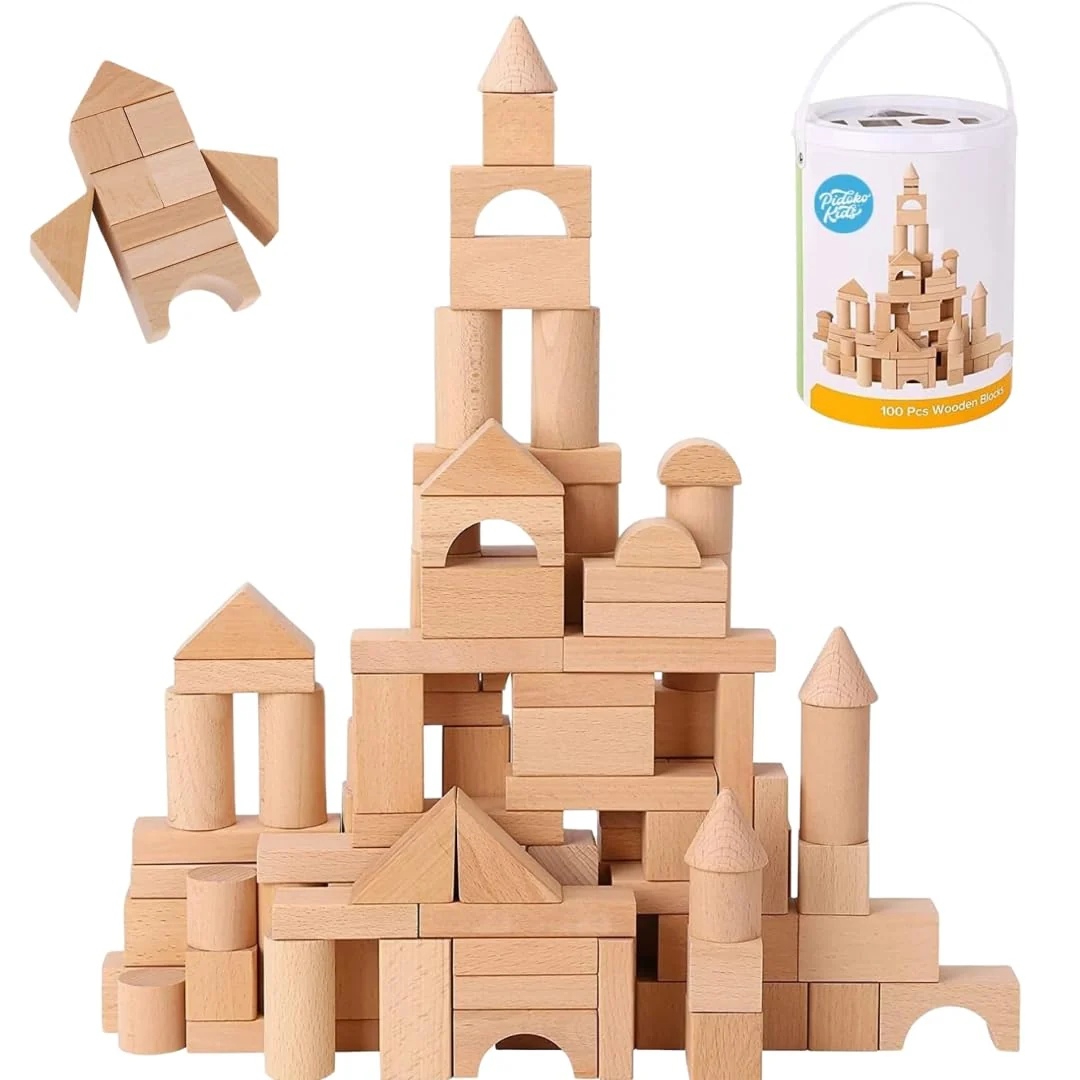 Exceptional Pidoko Kids Wooden Blocks 100pcs – Natural Beech Wood Building Set with Storage Shape Sorter Lid Preschool Learning Toys Modern