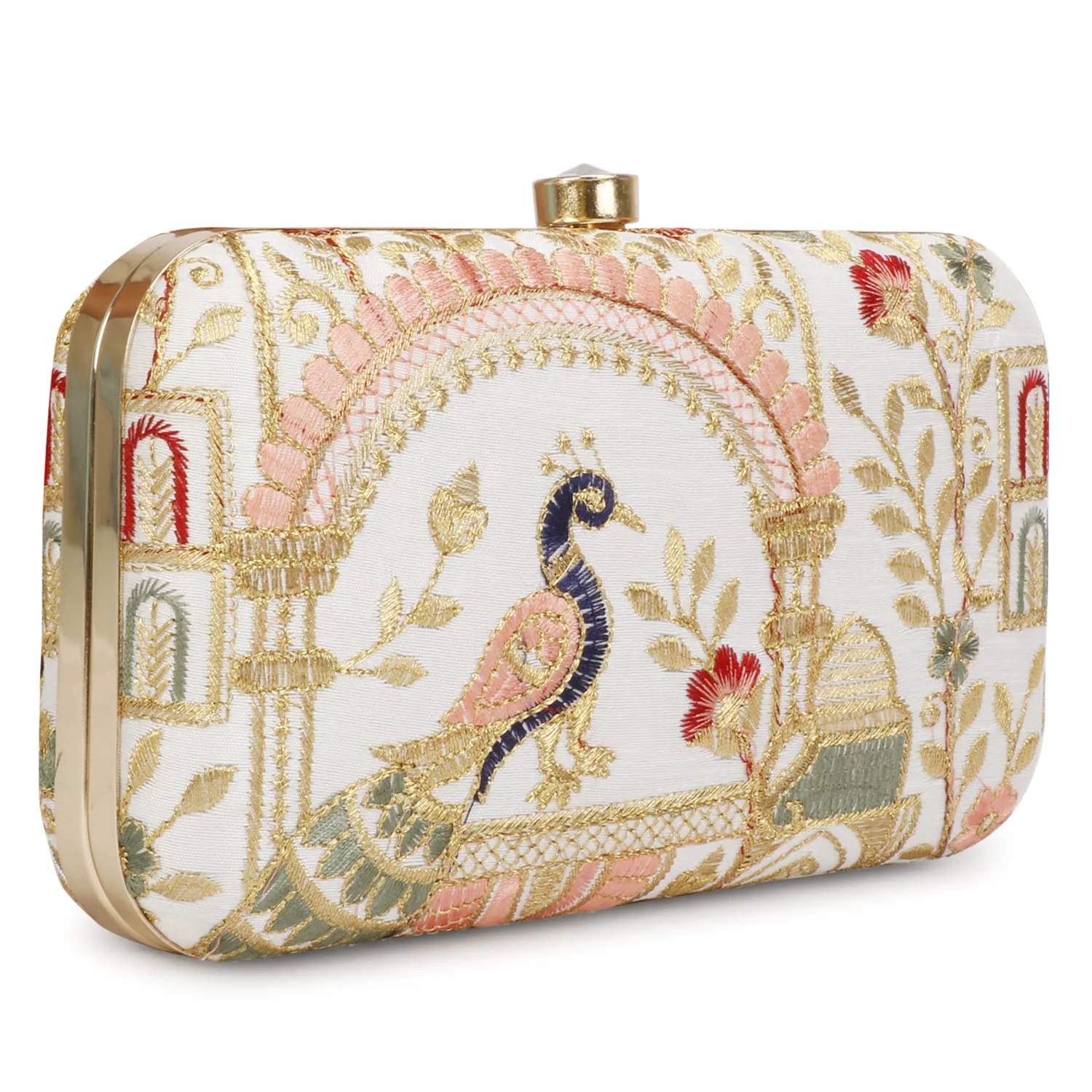 Selected LONGING TO BUY Hand Crafted Designer Box Clutch For Women Zari Embroidery Hand Clutch For Women Cream-2 Natural