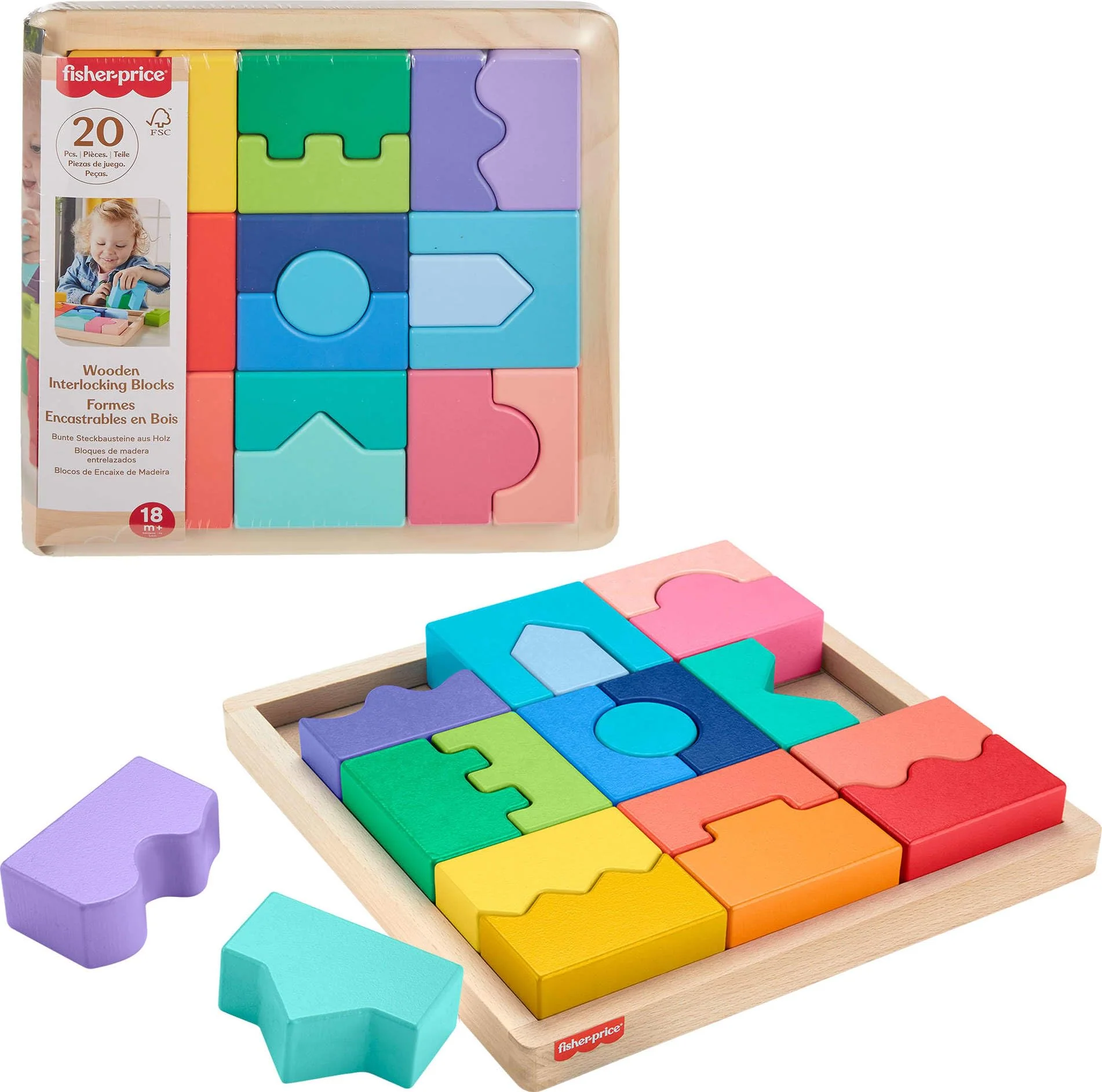 Effective Fisher-Price Wood Toddler Toy Interlocking Blocks Stacking Jigsaw Puzzle with 20 Wooden Pieces for Kids Ages 18 Months Refined