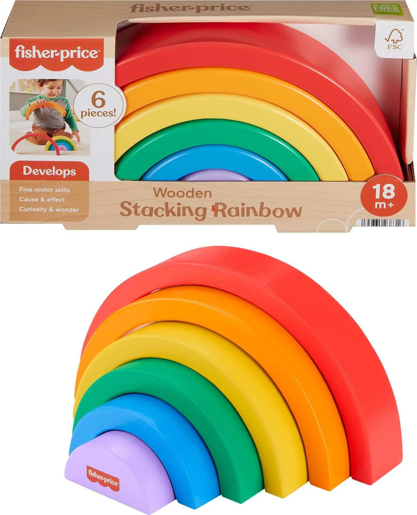 Genuine Fisher-Price Wooden Toddler Stacking Rainbow – 6 Colorful Pieces for Building Developmental Play Kids Ages 18 Months Trusted