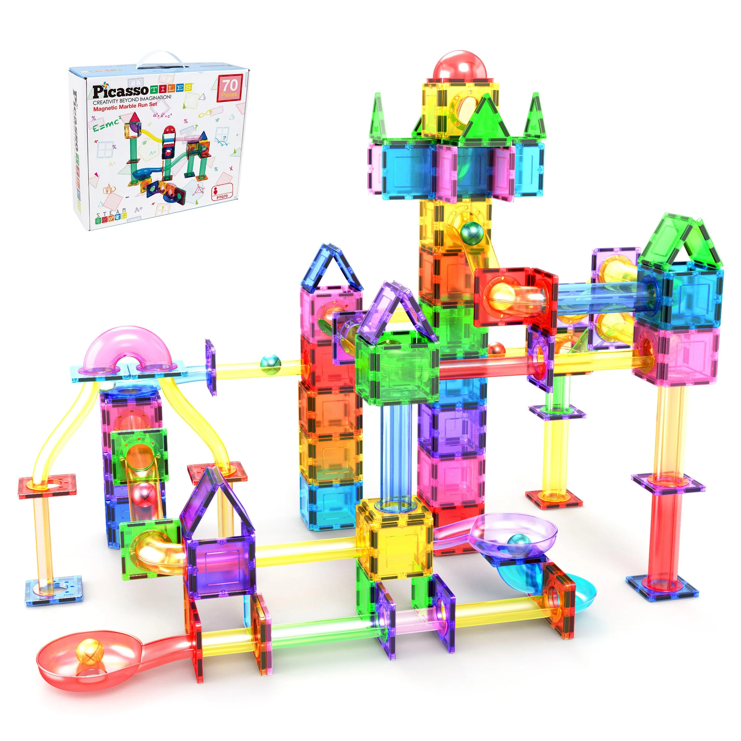Sophisticated PicassoTiles 70pcs Marble Run Magnetic Tiles – STEM Building Set with Marbles for Kids Ages 3 Educational Brain Development Toy PTG70 Responsible