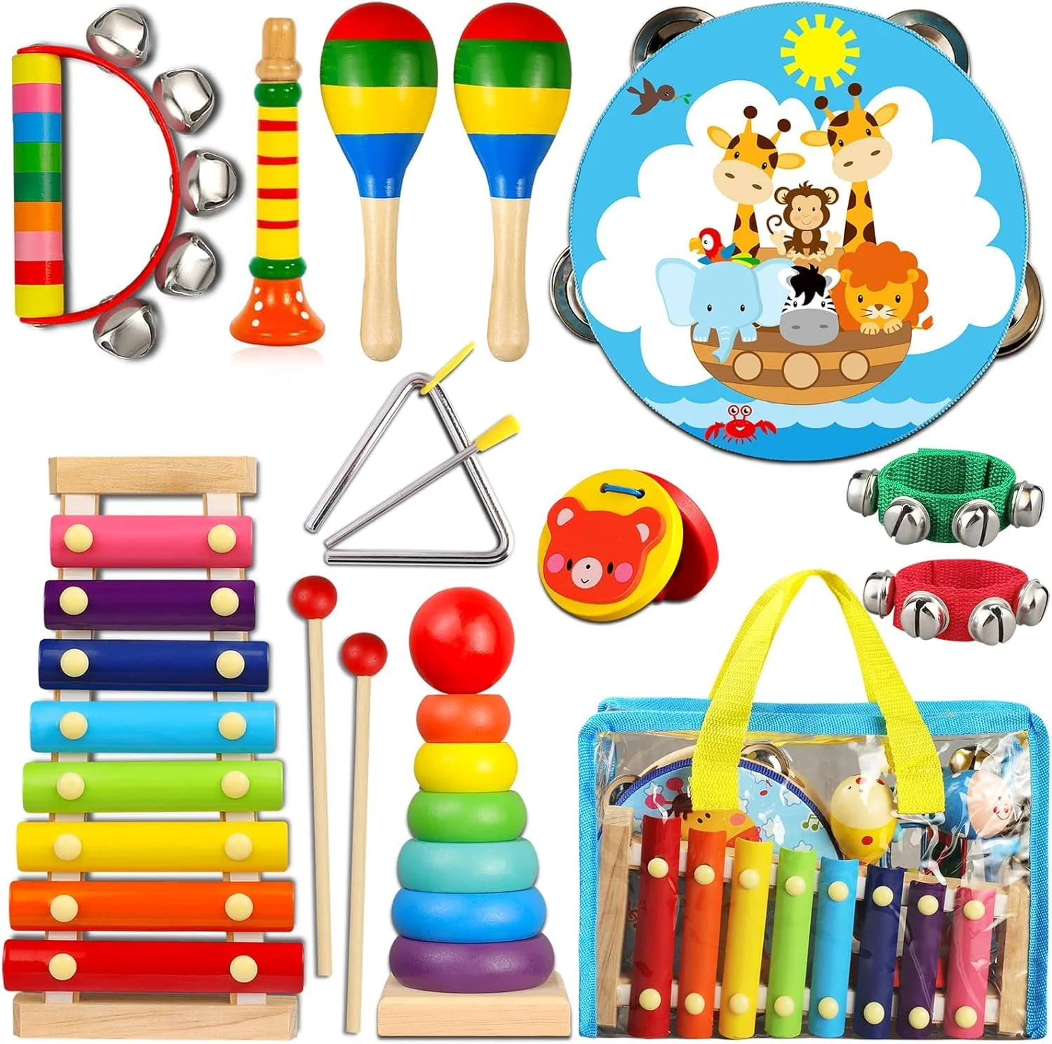 Crafted LOOIKOOS Toddler Musical Instruments – Wooden Percussion Set with Carrying Bag Educational Music Toys for Preschool Kids Boys Girls Original Design