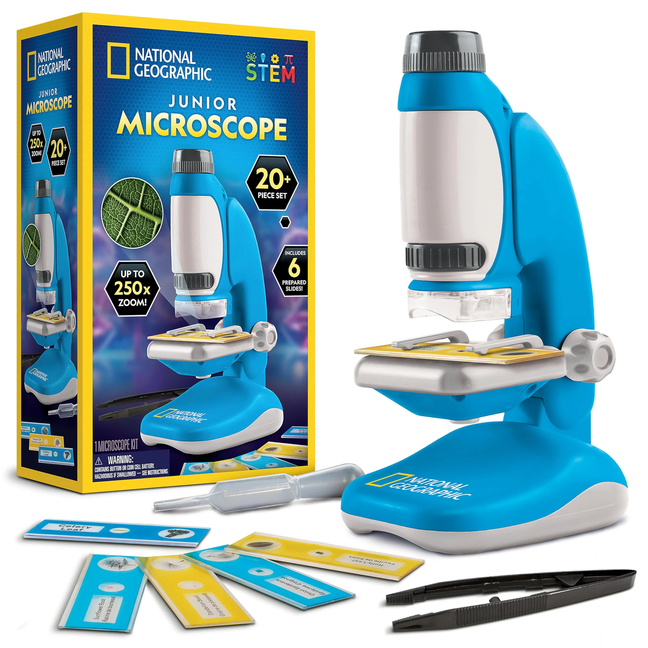 Quality Blue Marble National Geographic Junior Microscope – Kids Science Kit with 250x Magnification 12 Slides Lab Guide STEM Toy Ages 6–12 High-Grade