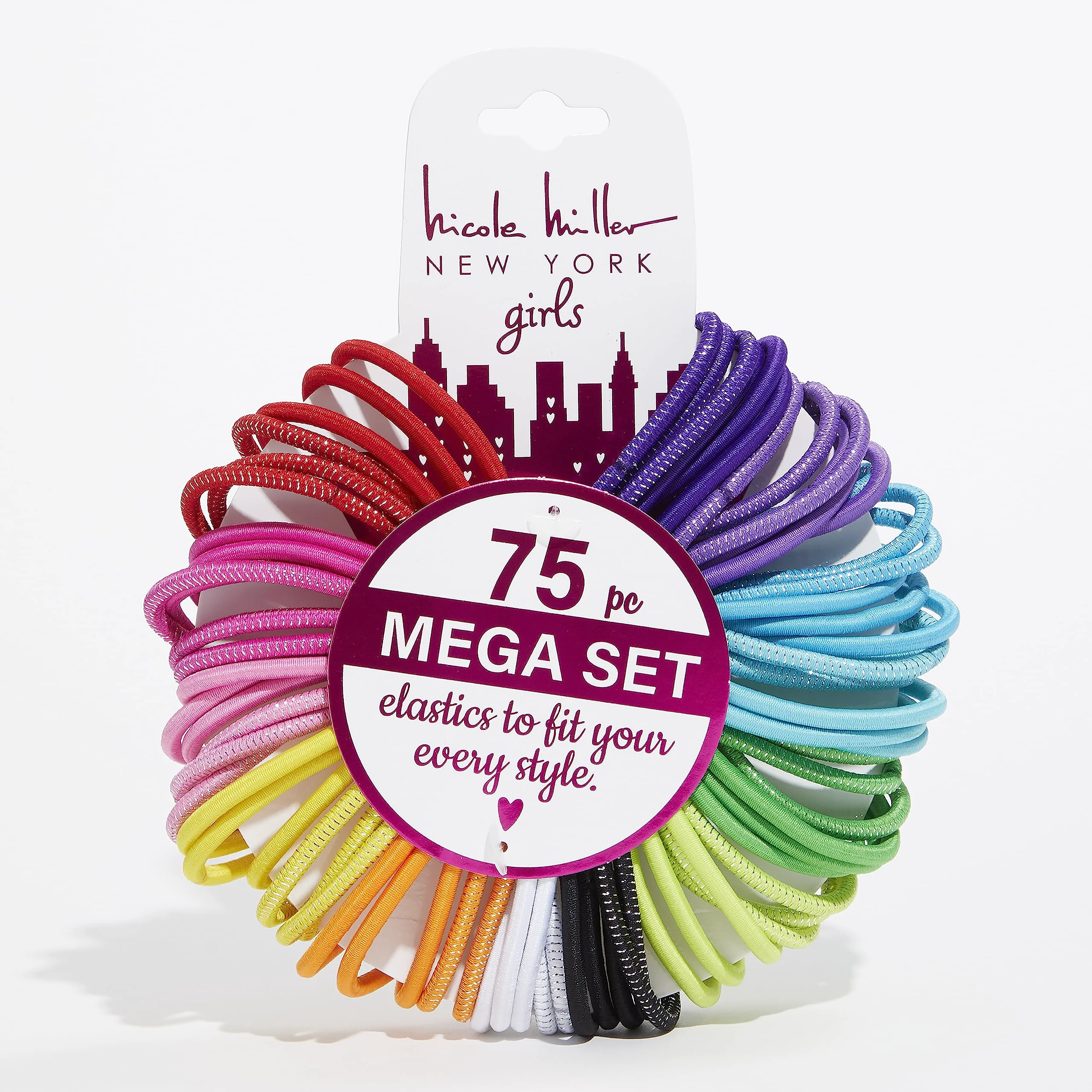 Casual Nicole Miller Hair Ties 75-Piece Mega Set of 4mm Dual-Tone Elastics Unlimited Styling Possibilities for Every Occasion Brights With Lurex High-Performance